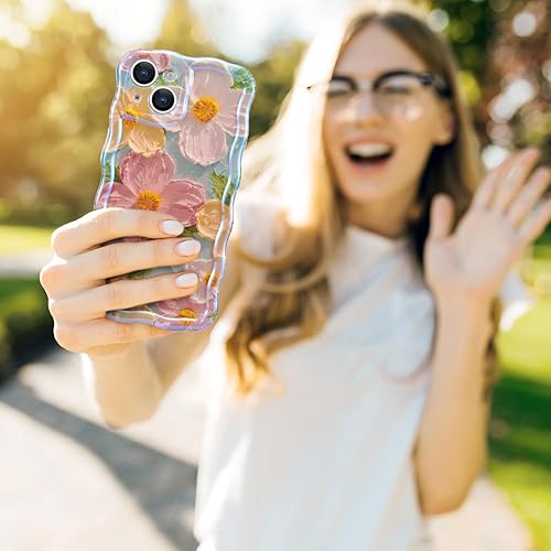 Miniatura 7 de QLTYPRI Funda para iPhone 13, colorido láser retro pintura al óleo patrón de flores, lindo marco de onda rizada, exquisita funda para teléfono para