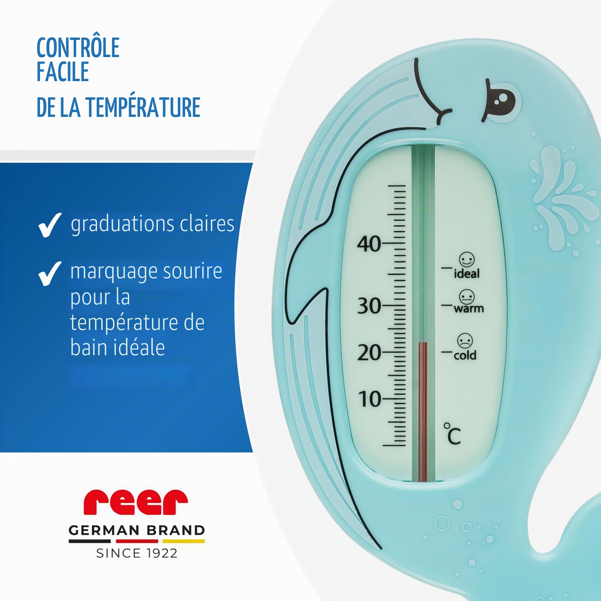 reer MyHappyBath Thermomètre de bain pour bébé en forme de baleine - Design mignon - Thermomètre de bain sans danger pour les enfants - Température de bain optimale pour la baignoire - Sans mercure -