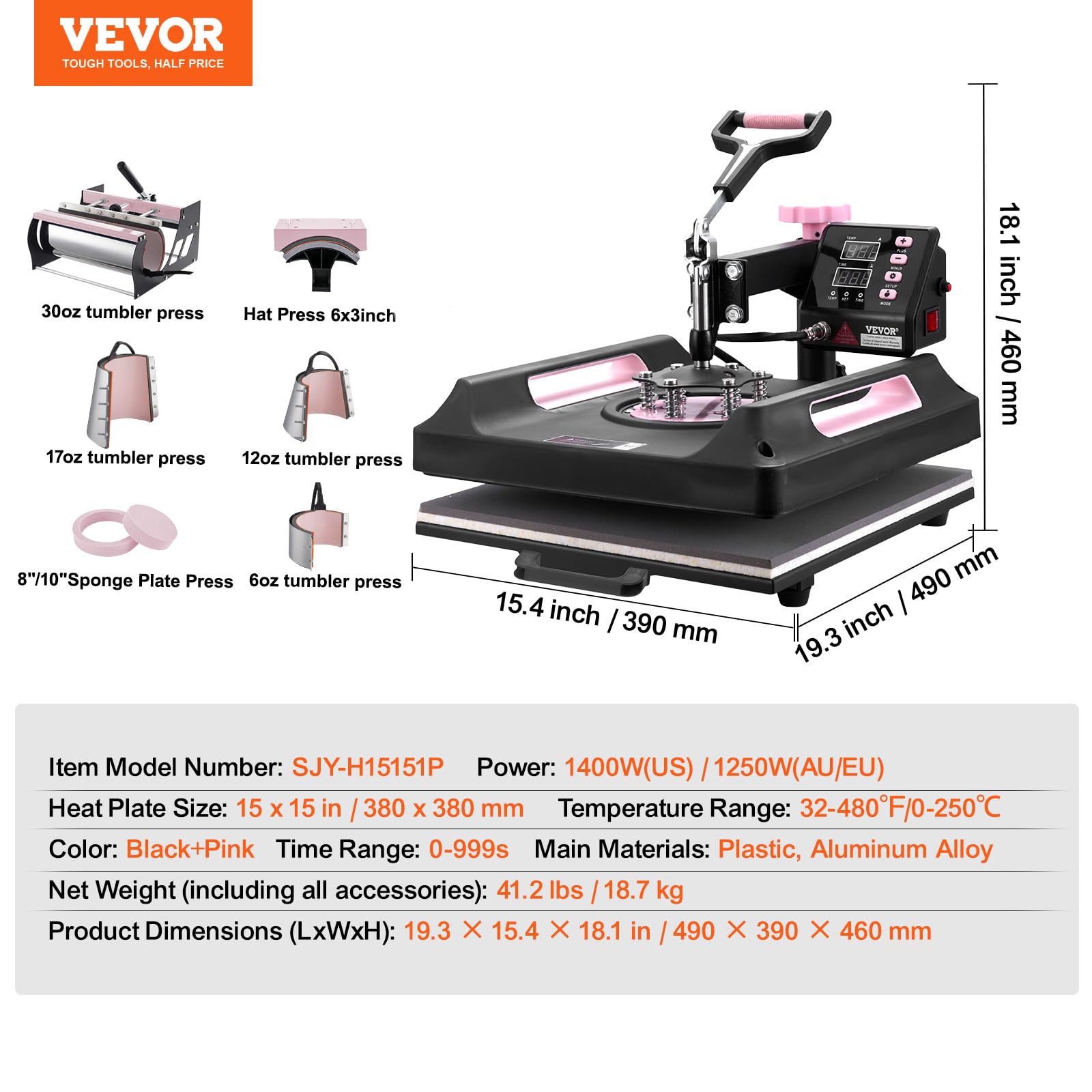 VEVOR Hitzepresse, 8 in 1 Wärmeübertragungsmaschine mit 887 ml Tumbler-Presse, 360° wegschwenkbare digitale T-Shirt-Pressmaschine, 38 x38 cm, Teflonbeschichtung, für T-Shirts/Tassen/Hüte/Teller