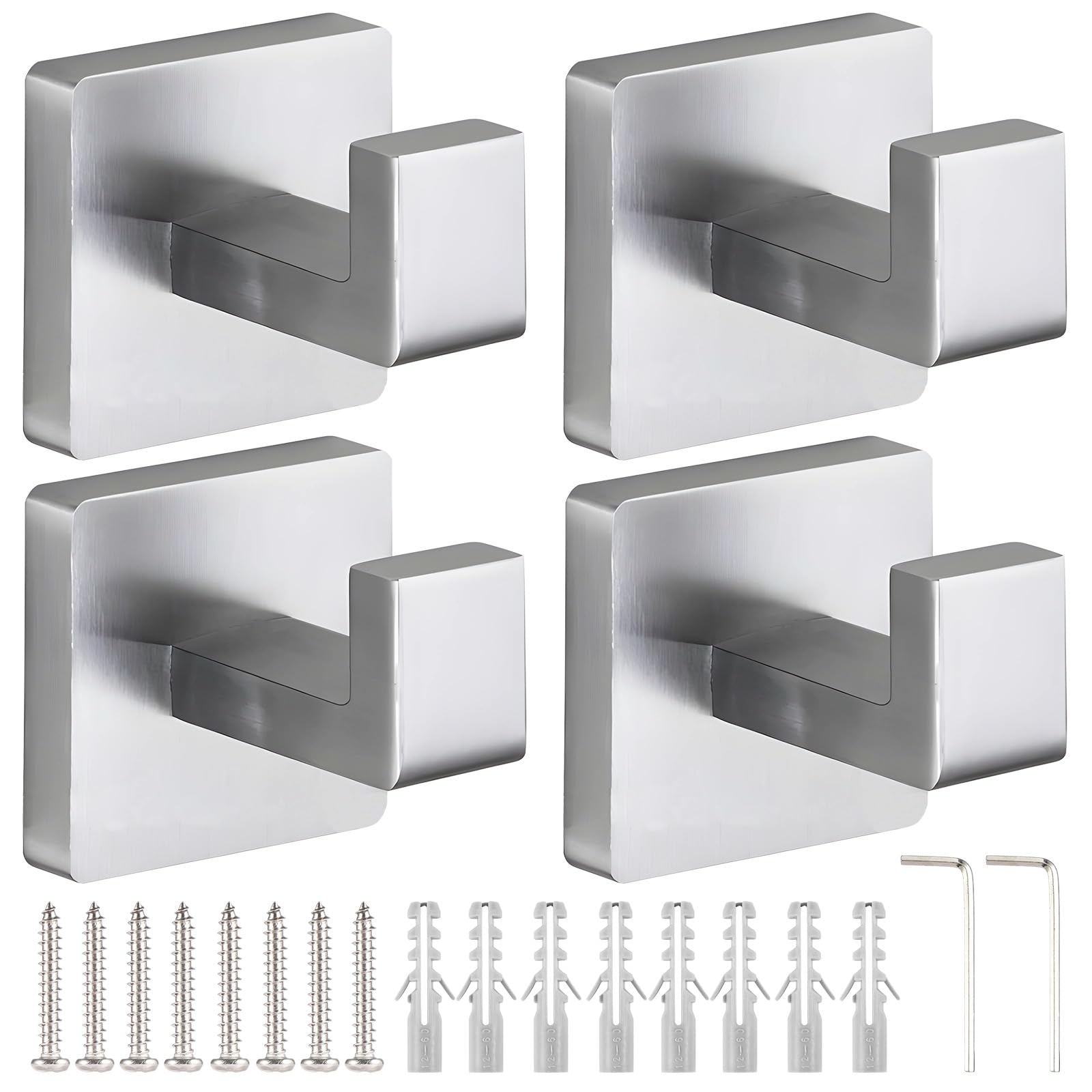 Lot de 4 crochets muraux pour serviettes en acier inoxydable, crochets de salle de bains et de cuisine, crochets métalliques carrés, ensemble avec vis de montage