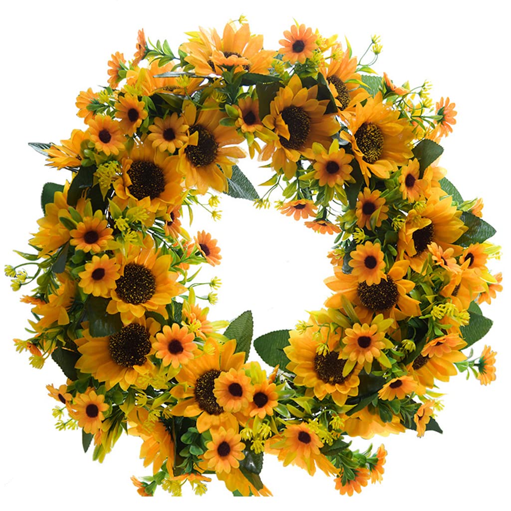 Couronne d'automne en rotin et tournesols pour déco de porte