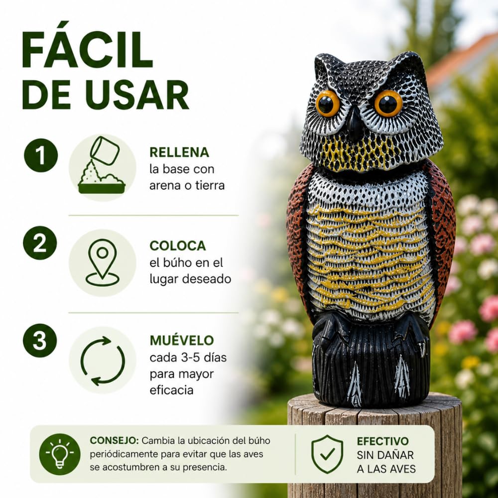 Remi Hogar Búho Espantapájaros Realista | Ahuyenta Palomas, gaviotas y Otras Aves urbanas | para Exteriores, Balcones, Jardines y Piscinas | Poliuretano | Respetuoso con el medioambiente y Fauna