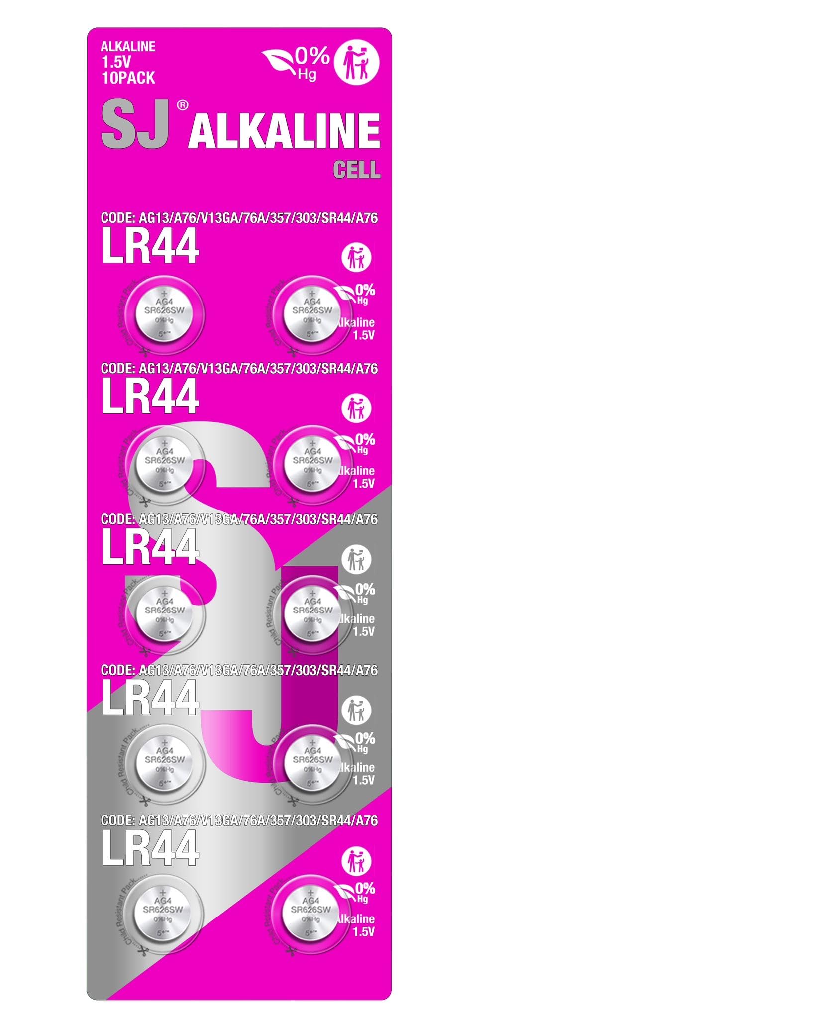SJ AG13 10 PCS LR44 357 303 SR44 A76 Battery 1.5V Button Coin Cell Batteries Ideal for Watches, Hearing Aids, calculators, Key Fobs, and More