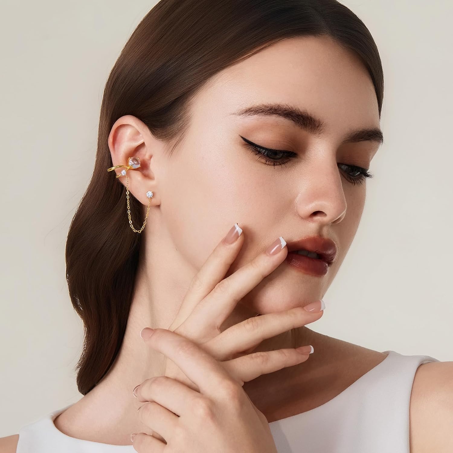 Cicy Bell Womens 18k Gold Plated Ear Cuff Stud Earrings Dainty Tassel Drop Dangle Clip On Gold Chain Climber Crawler Faux Diamond Round Cubic Zirconia Earrings Jewelry Gifts Birthday Party - Image 4