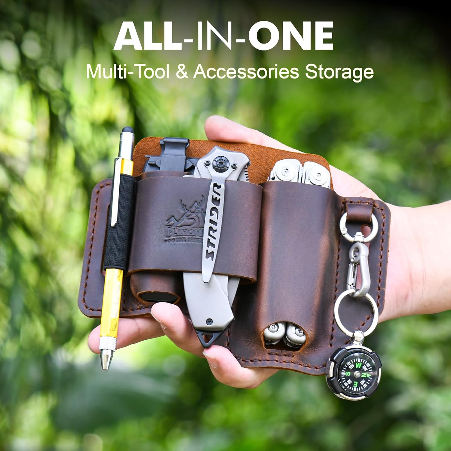 FLYHOMES Genuine Leather Multitool Sheath | Handmade Stitched Belt Organizer for Leatherman Surge | Holds Bit Kit & Extender | Flashlight Holster, Pen & EDC Tools Pouch | Dark Brown - Image 6