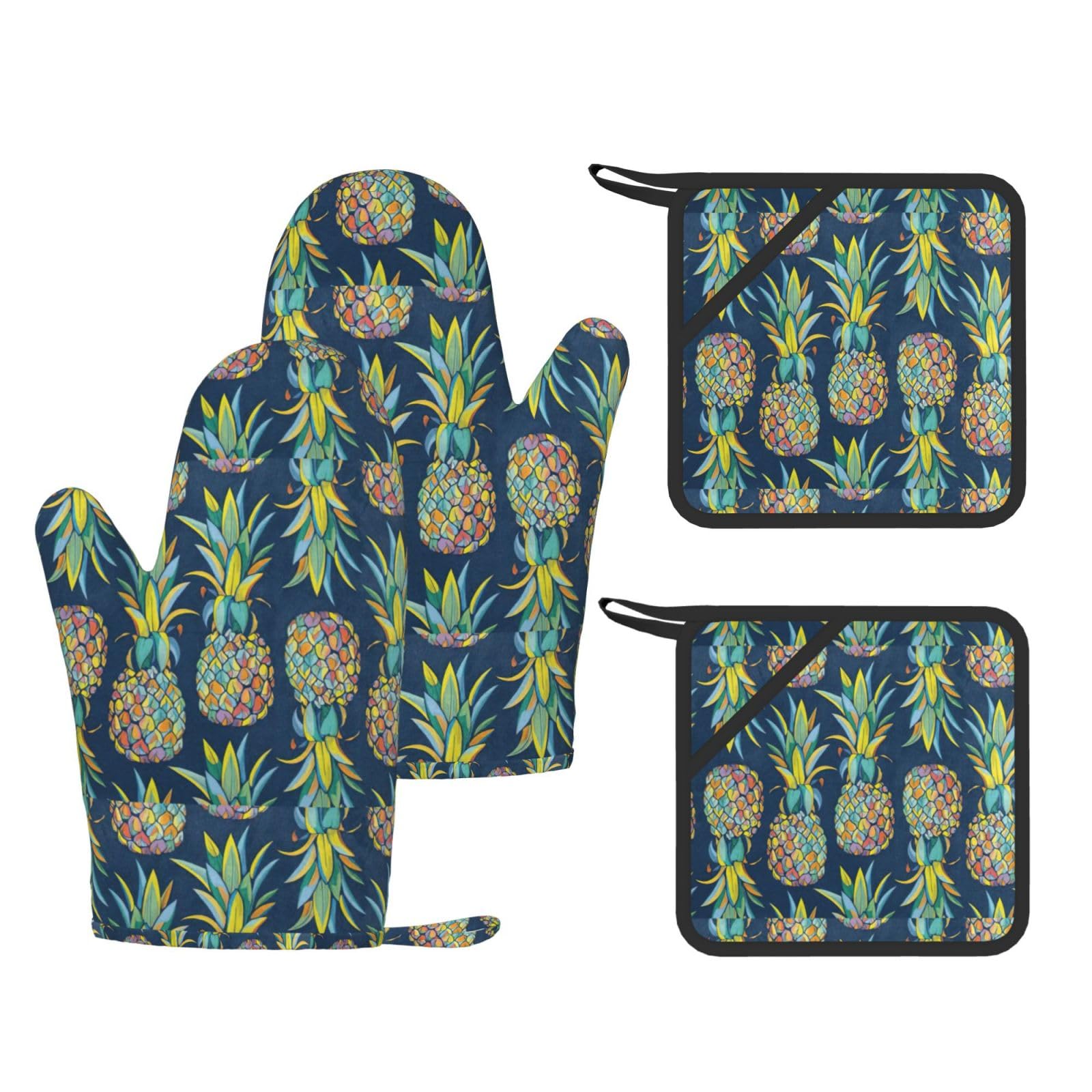 Tropical Fruit Pineapple Printed Potholder and Oven Mitt Set of 4, High Heat Resistant Cooking Gloves for BBQ Grilling