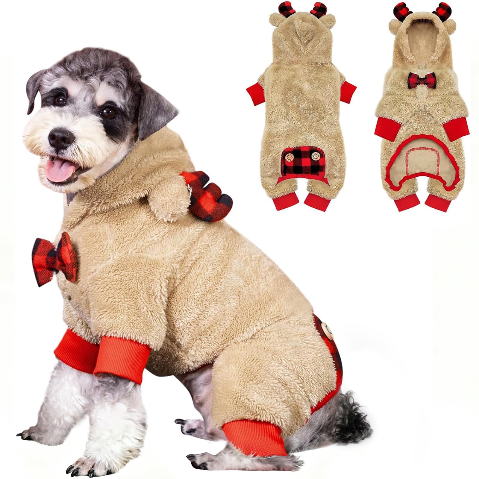 KYEESE Holiday Dog Pajama Christmas Reindeer with Bowtie Red Buffalo Check Small Dog Pajamas Plaid Pet Pajamas,X-Large