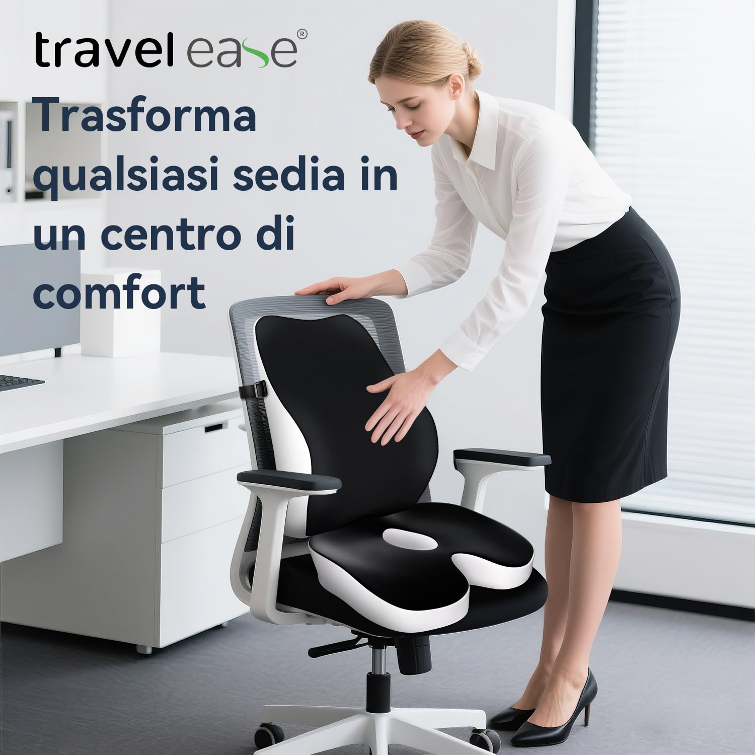 Travel Ease Set Cuscino per Sedia in Schiuma di Memoria e Supporto Lombare, Comfort Ergonomico per Sedia da Ufficio, Sedile Auto, Uso Domestico e Viaggi, Supporto per Schiena e Glutei, Nero