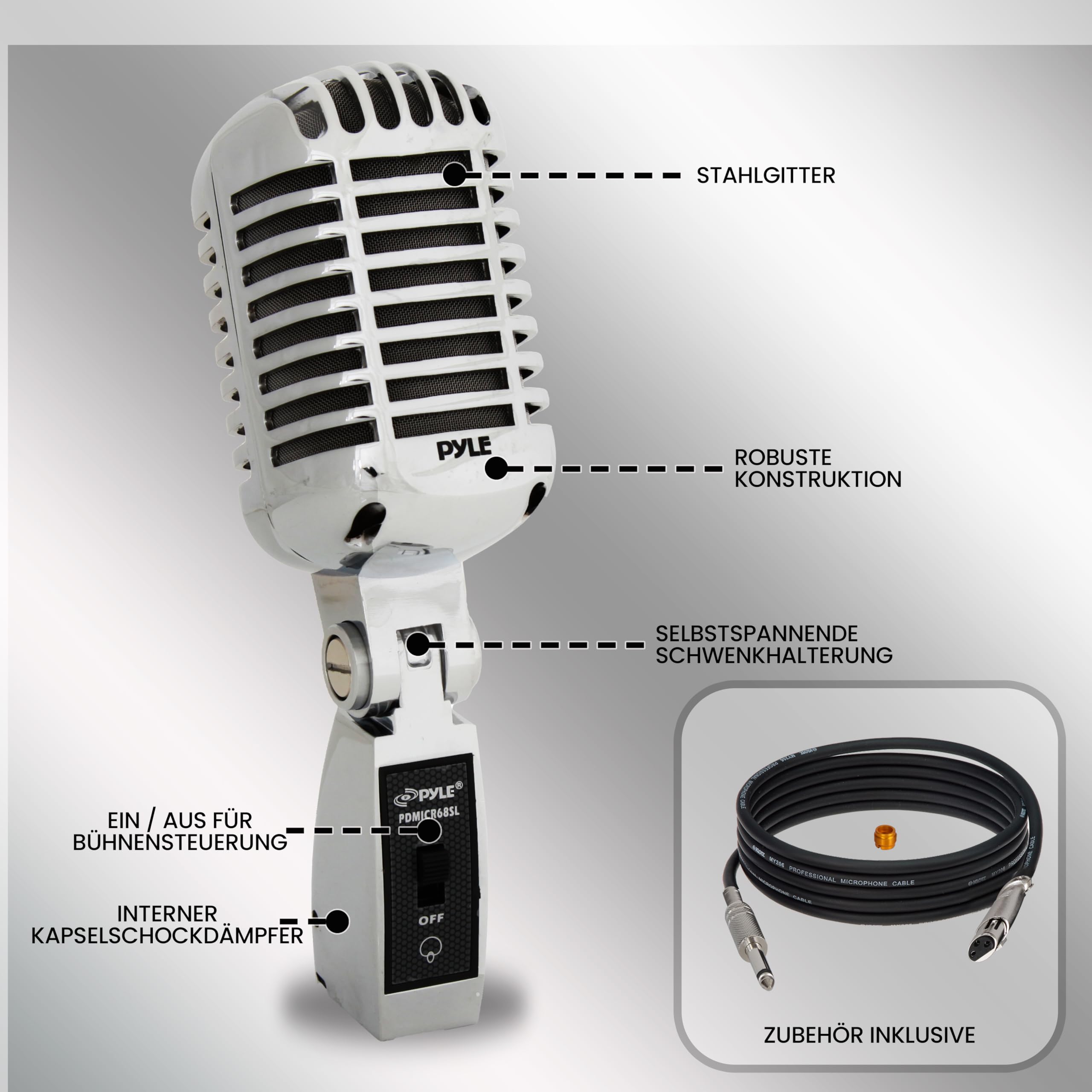 Pyle Dynamisches Mikrofon, Klassisches Retro Vintage Style- Mic, Mikrofon, Gesangmikrofon- mit 4.88m XLR Kabel- Kompatibel mit universellem Ständer, Für Live-Auftritte & Studioaufnahmen, Silber