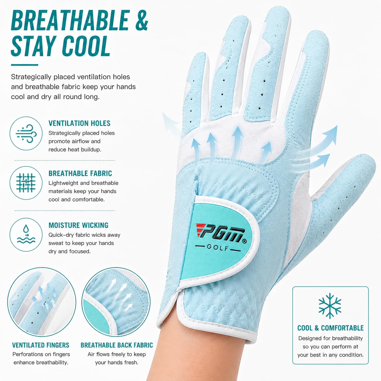 Guantes de golf PGM para mujeres, 1 par (4 opciones de color), sistema de agarre mejorado, fresco y cómodo