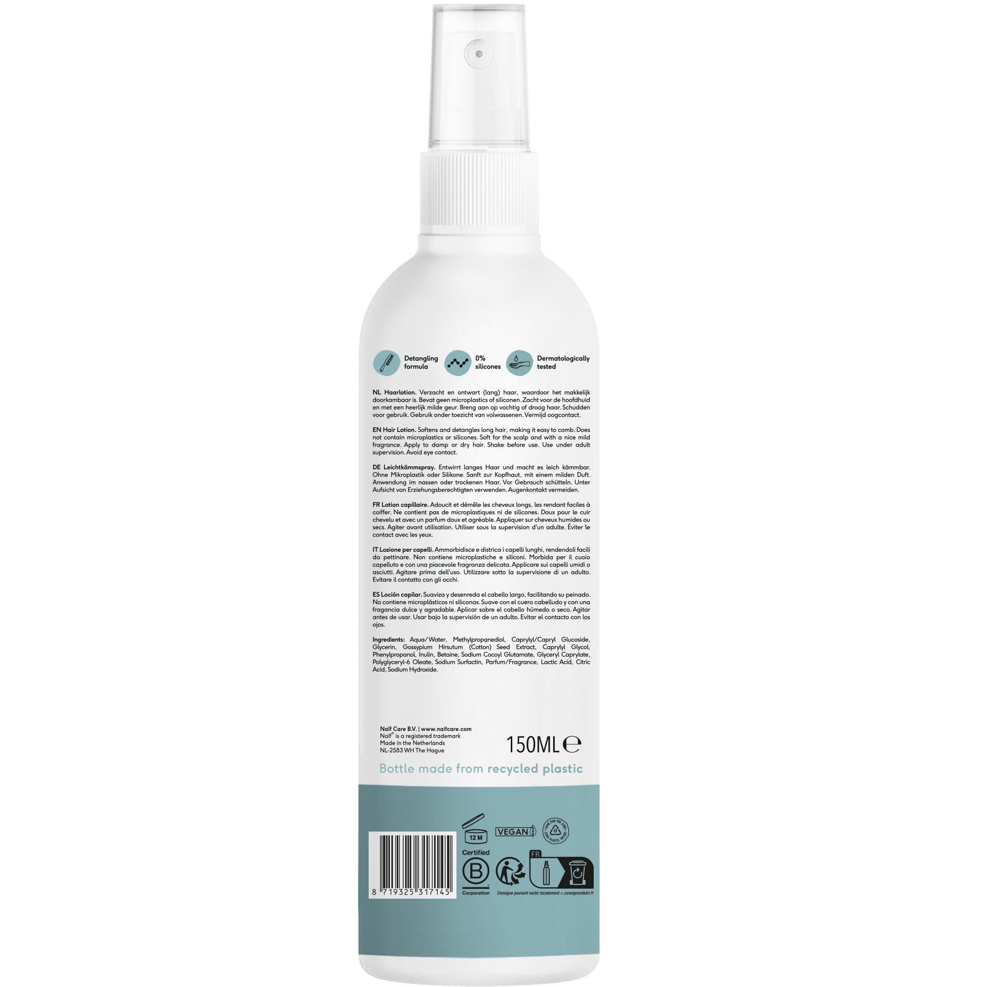 Naïf Spray Démêlant Facile Bébé & Enfant – Hydratant, aux ingrédients naturels, sans silicone, anti-frisottis, spray après-shampooing sans rinçage – 150 ml
