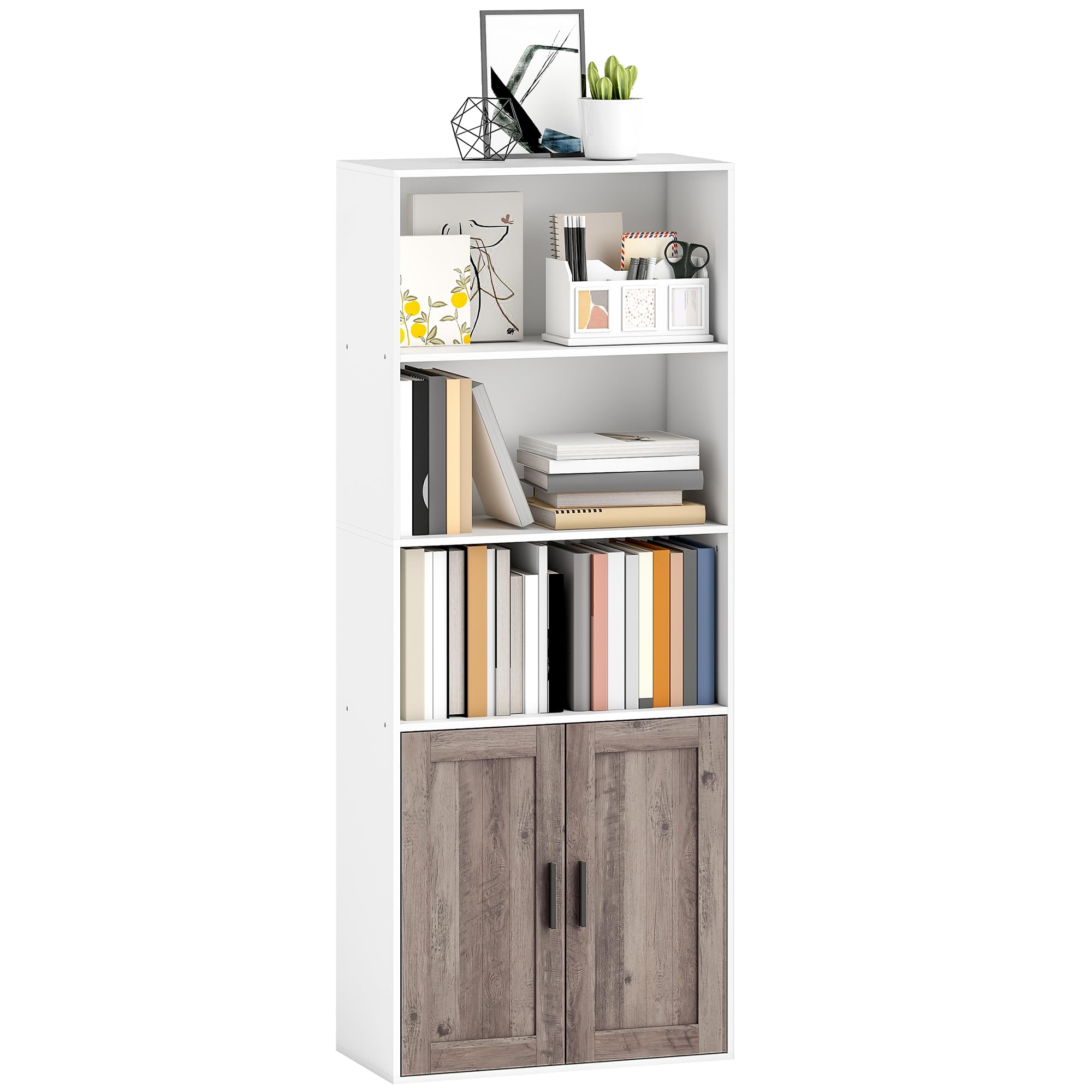 HOMCOM Estantería para Libros Estrecha 60x30x149,5 cm Blanco y Marrón | Librería con Puertas, Estantes Abiertos, Armario con Balda Ajustable, para Salón, Estudio, Oficina