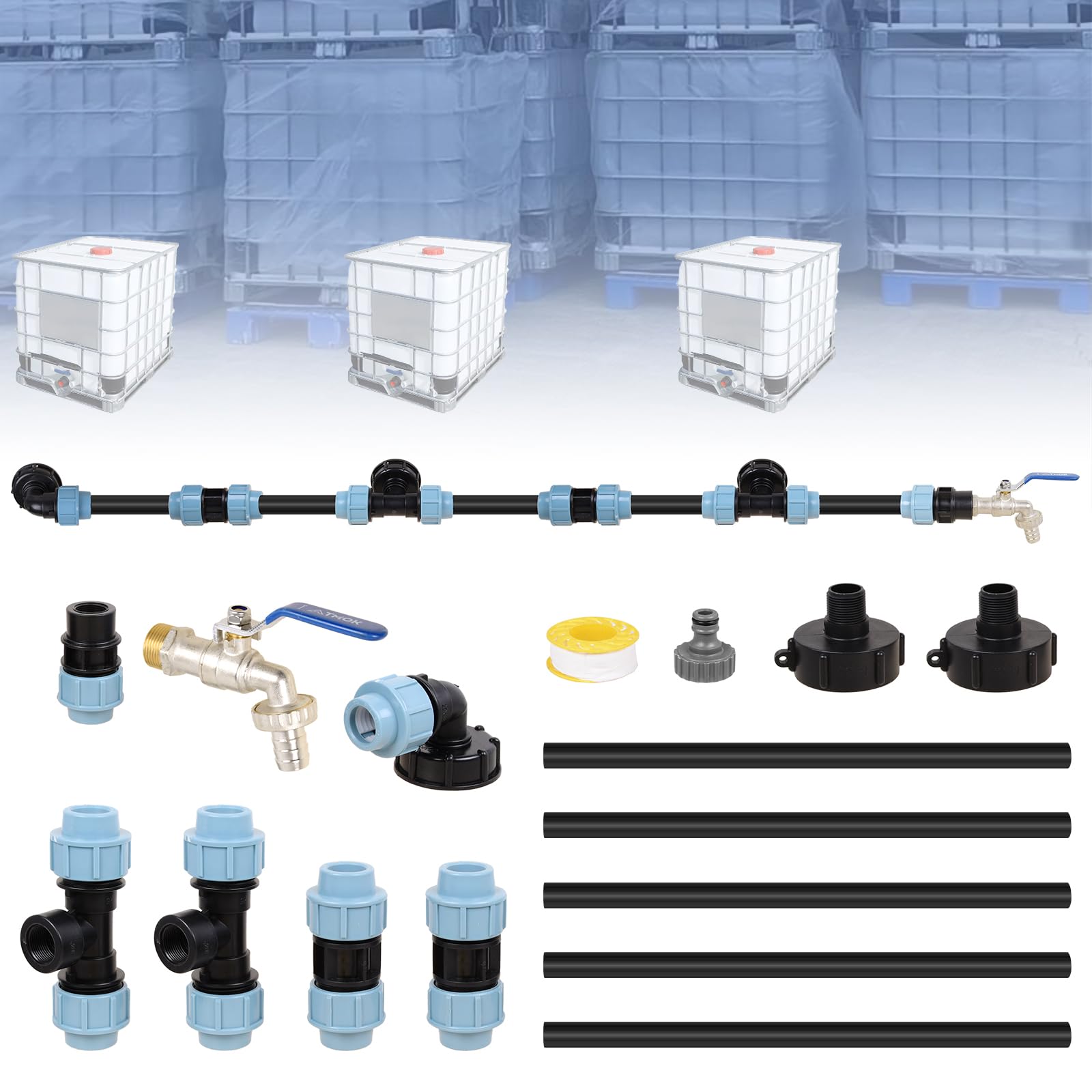 IBC Verbindungssets, S60x6 IBC Adapter Verbindungsset für 3 IBC Tanks Nebeneinander/Regentanks inkl. 3/4" Garten Wasserhahn Auslass Schlauchverschraubung Regentonnenschlauch