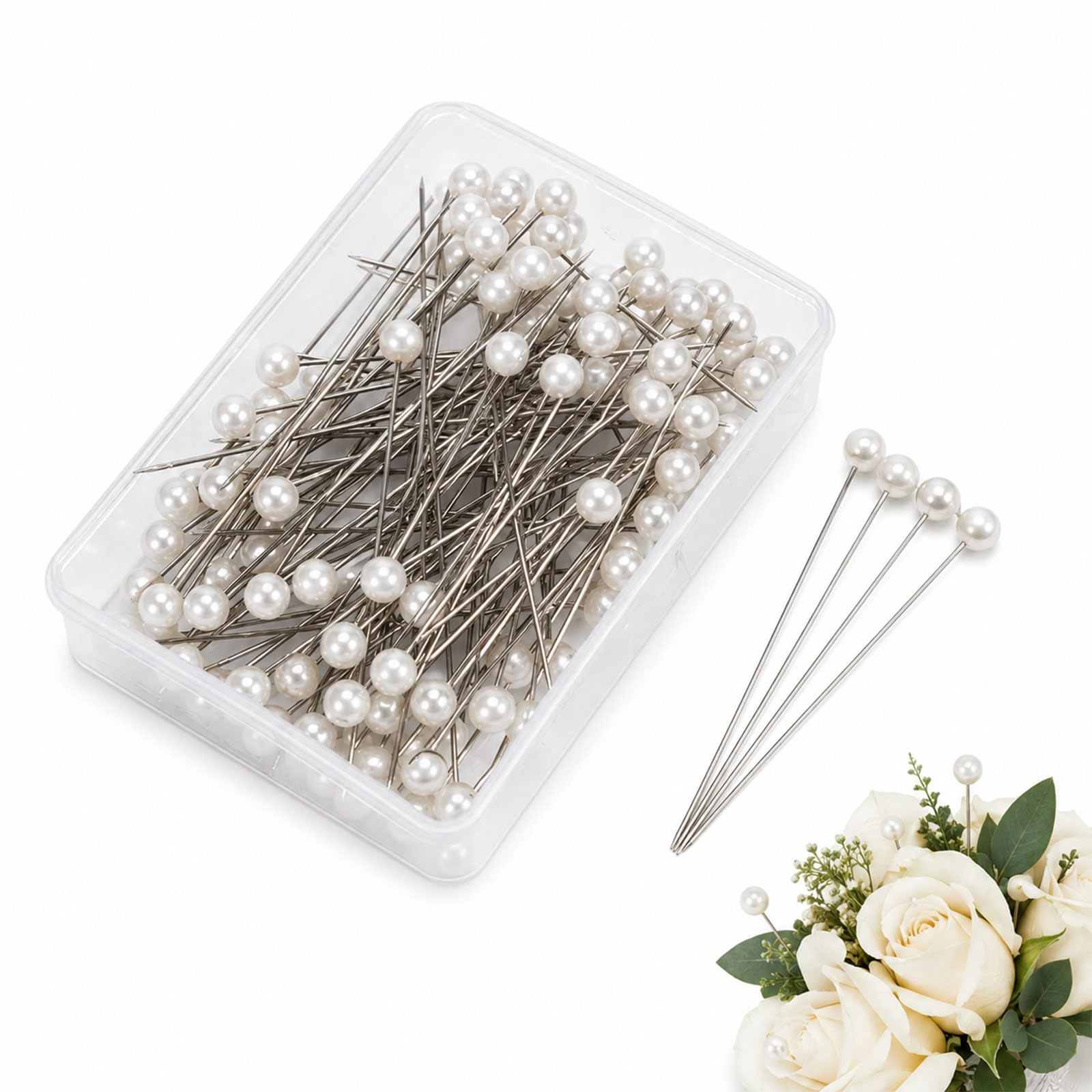 100 Pcs Corsage Boutonniere Pins, Faux Pearl White Straight Pins for Wedding Bouquet Headpiece Flower Arrangement DIY Crafts, Pearl Head Pins with Storage Box