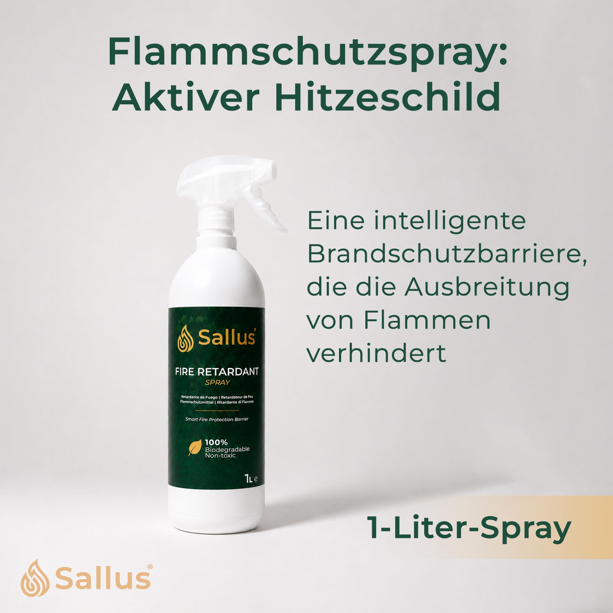 Sallus Flammschutzspray 1L | Aktiver Hitzeschild | Ungiftige, biologisch abbaubare Wärmedämmschicht für Holz, Textilien und mehr. Optimal für die Brandschutzklassen A, B und F.