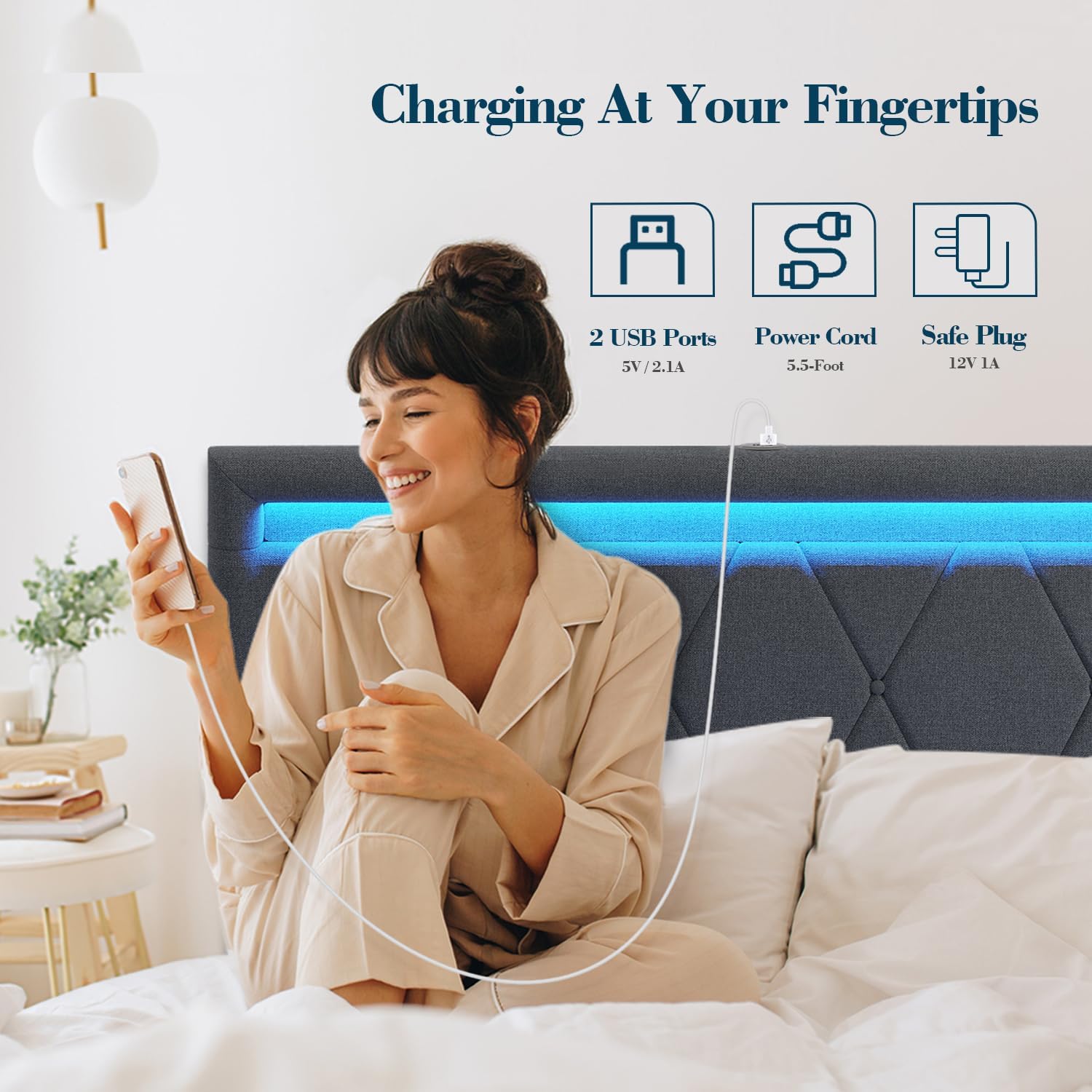 ROCHECASA Queen Bed Frame with USB Charging Socket and LED Light, Upholstered Bed with Height Adjustable Headboard, Noise Free, Easy Assembly, Dark Grey - Image 4