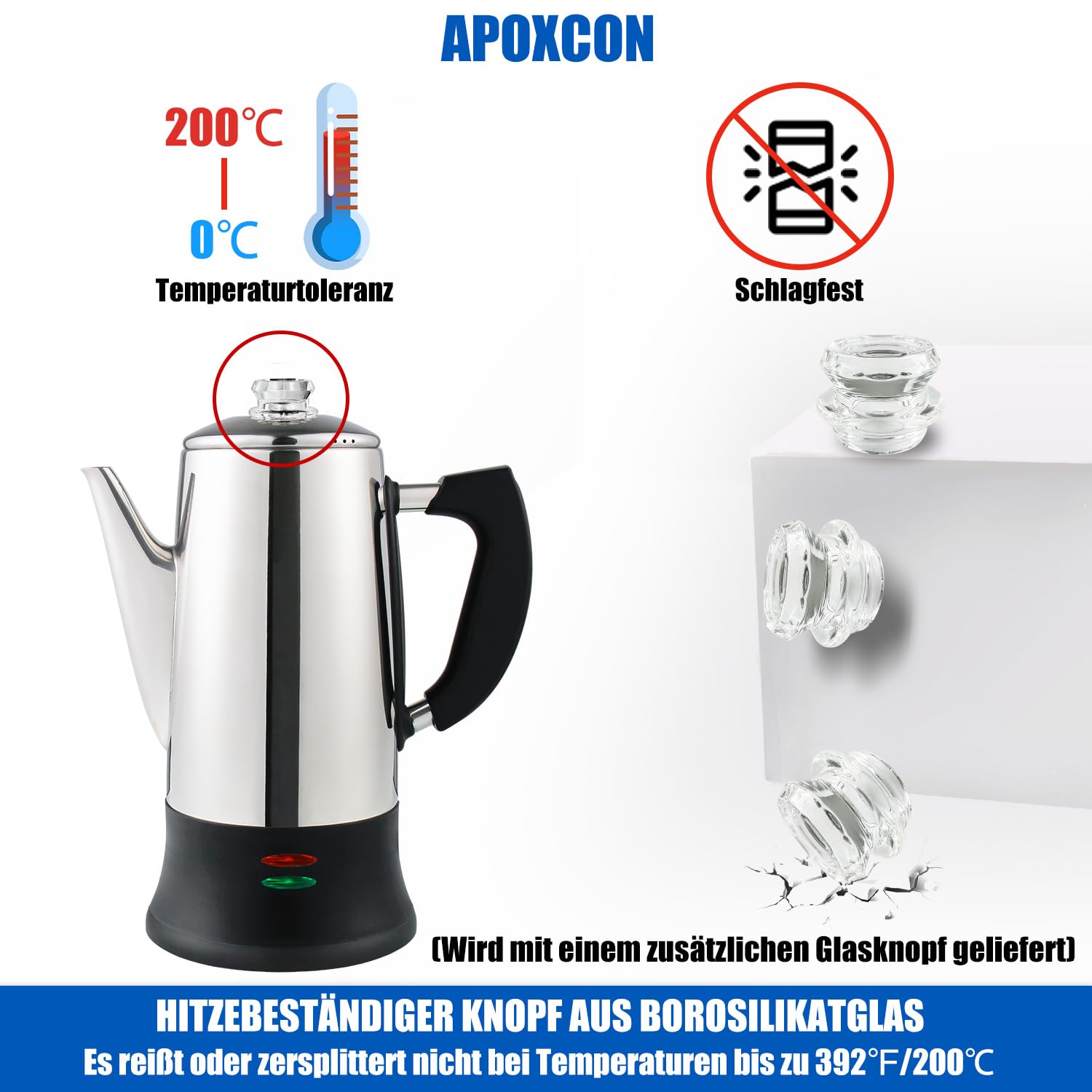 APOXCON Elektrischer Kaffee Perkolator für 12 Tassen, Schnellbrüh-System mit hitzebeständigem Glasknopf für Zuhause und Büro, Kabellos, CE-Zertifiziert