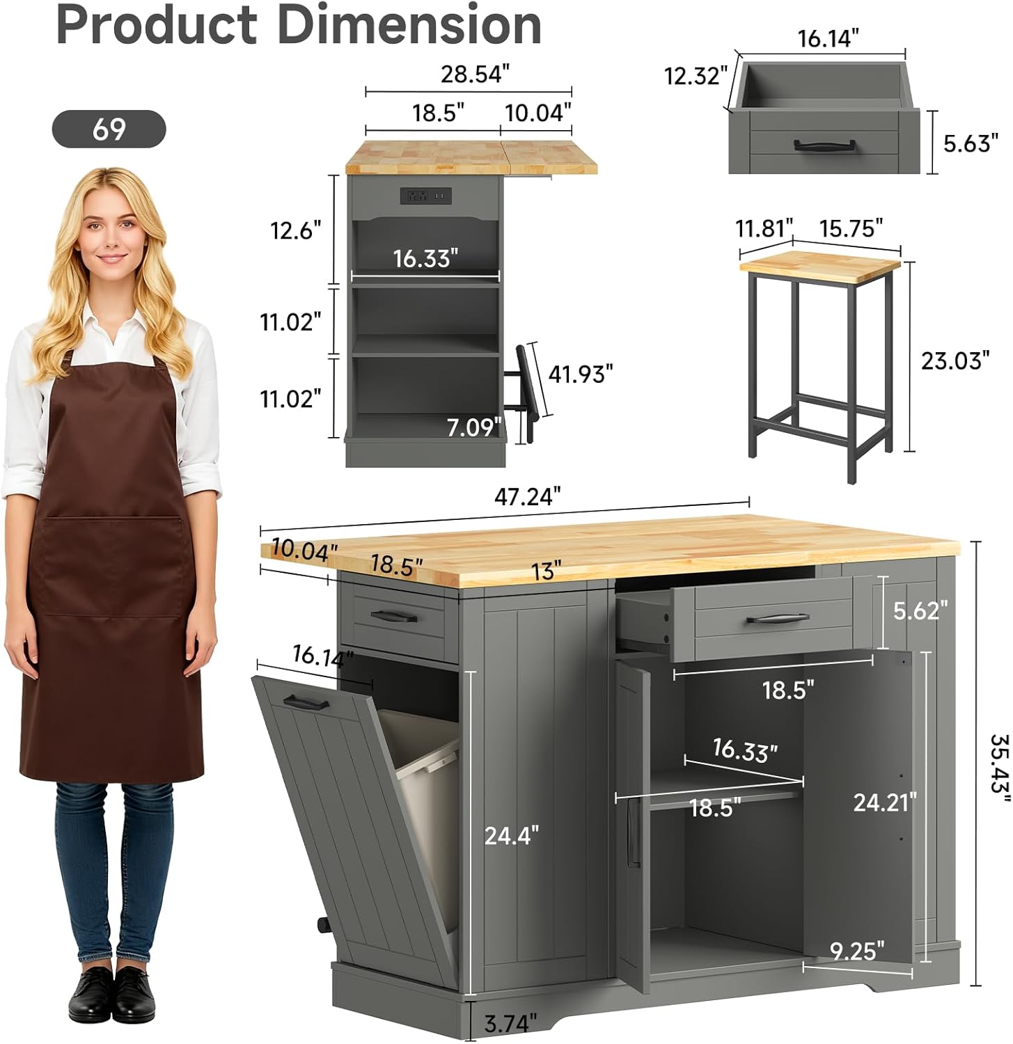 47" Kitchen Island with Seating, Stationary Island Table with Storage Include 2 Chairs, Kitchen Islands with Drop Leaf, Dining Table with Trash Cabinet & Power Outlet & Spice Rack, Grey