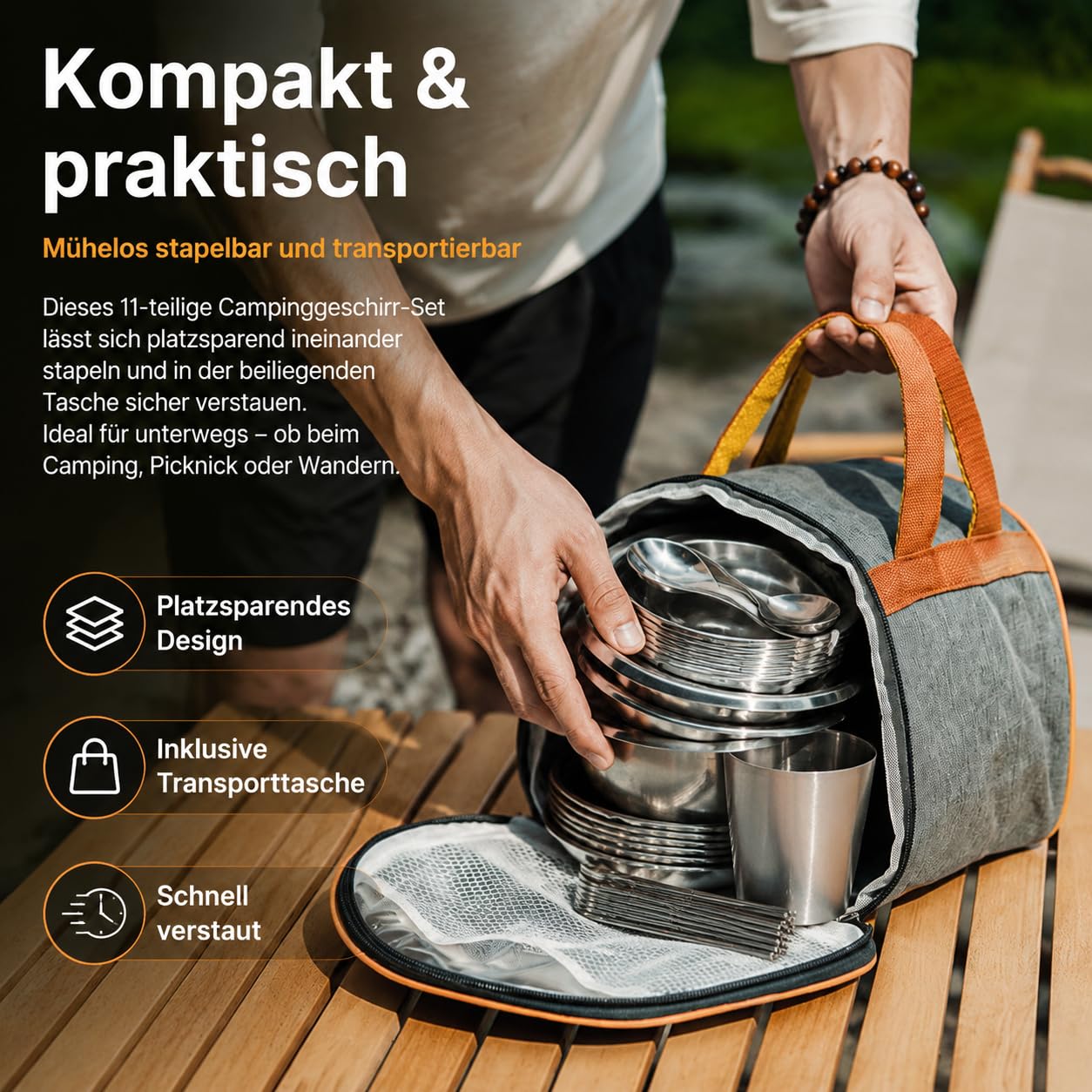 11-teiliges Camping Geschirr & Besteck Set Edelstahl – Outdoor Essgeschirr & Reisebesteck, stapelbar, 11-teiliges Set aus Edelstahl