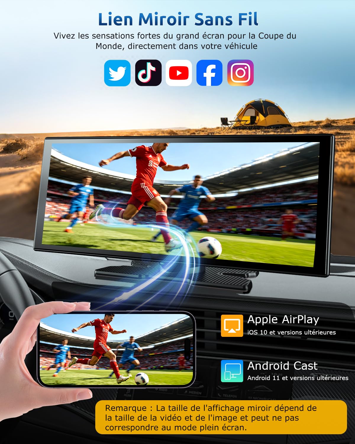 ESSGOO CarPlay Voiture, Supporte CarPlay sans Fil et Android Auto, Écran Tactile IPS 11,3 Pouces, Caméra Avant 4K et Caméra de Recul 1080P, Bluetooth 5.3, GPS, FM, AUX, Mirror Link