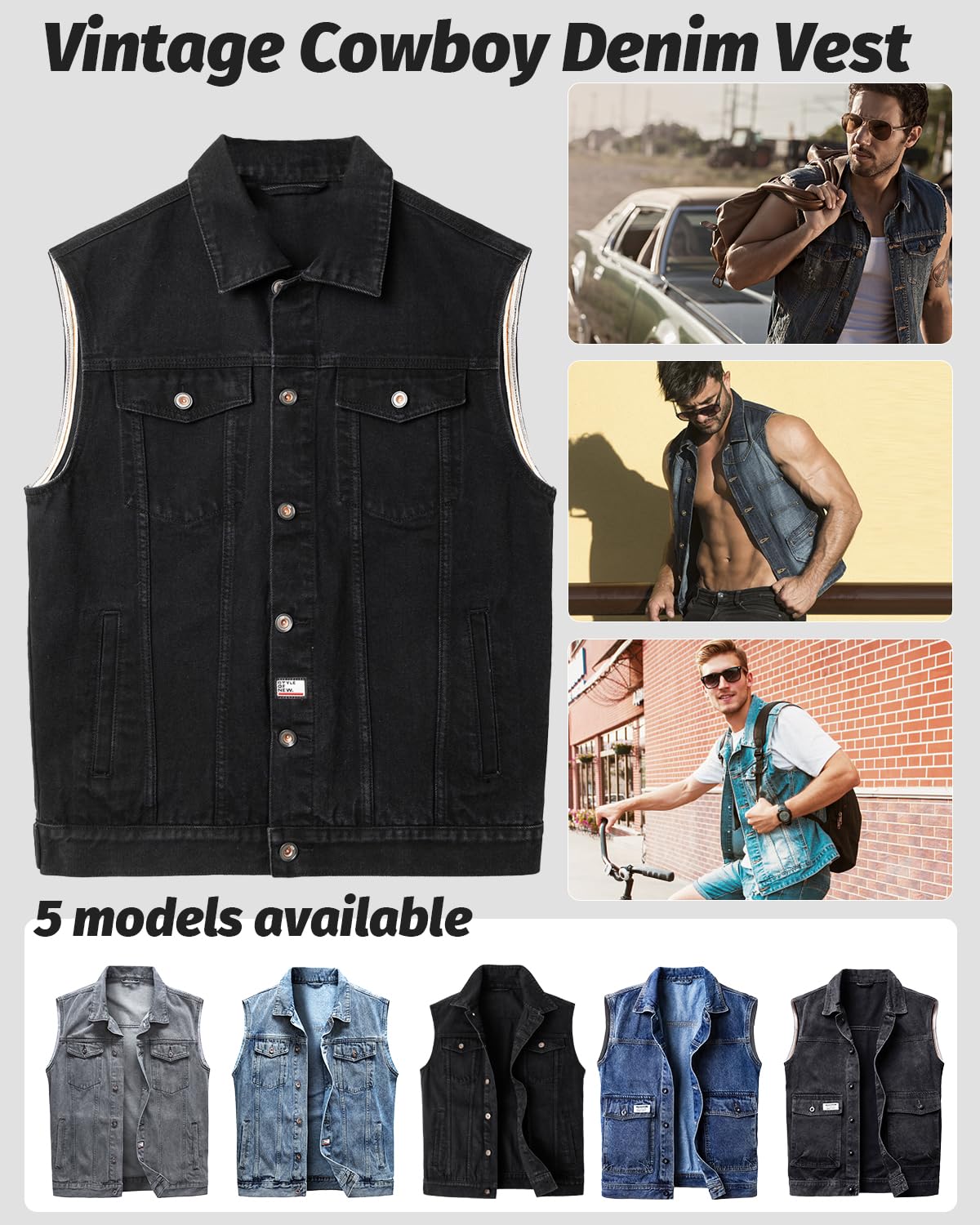 Classics Herren Weste Denim Vest Ärmellose Jeansweste Cowboy Jacke Motorradweste Bikerweste für Männer Casual Freizeitweste