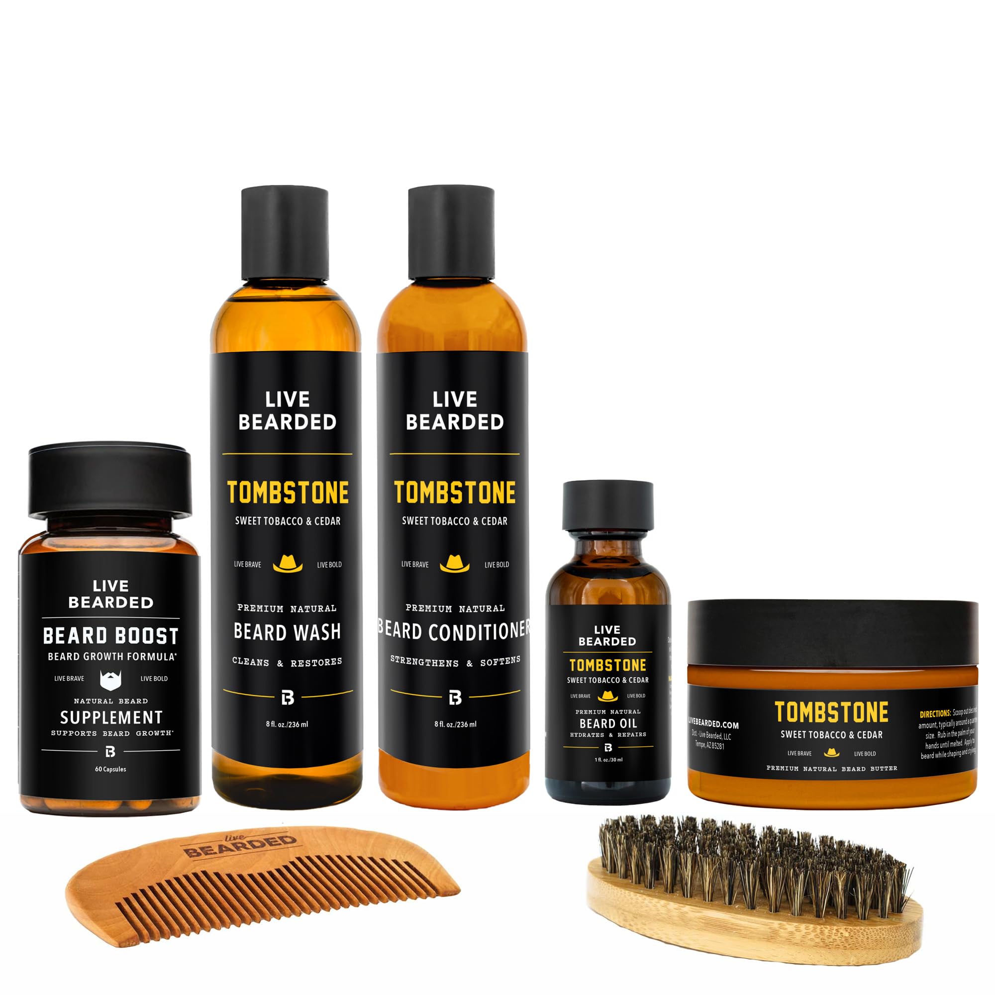 Live Bearded Total Beardsman Kit - Complete Beard Growth Kit for Men - Beard Oil, Butter, Wash, Conditioner, Vitamins, Comb, Brush | Tombstone - Sweet