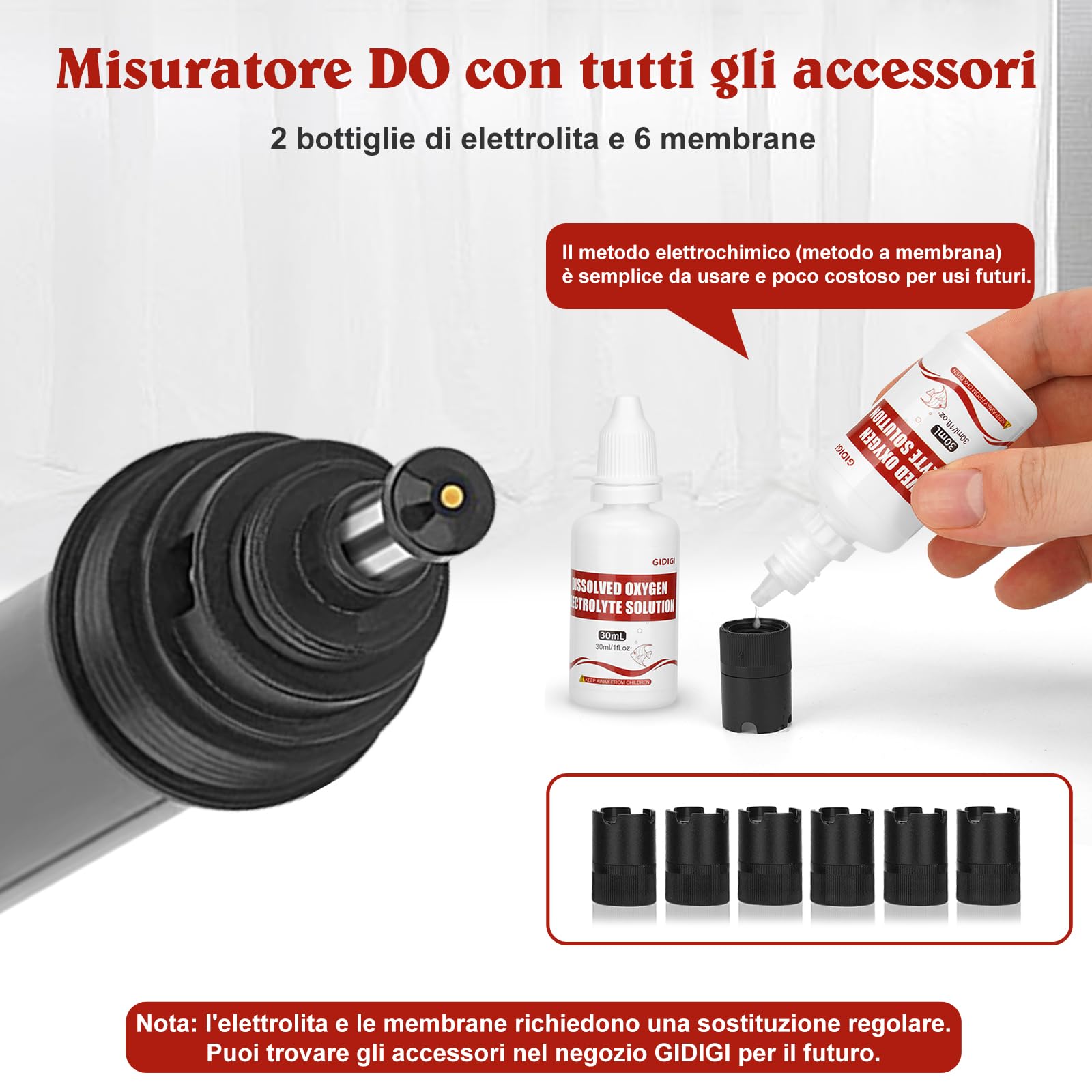 Misuratore di ossigeno disciolto per acqua, tester di ossigeno per laghetti, tester DO per acquari con acque reflue di laghetti, con più membrane, acqua priva di ossigeno, elettrolita, 0,0-40,0 mg/L