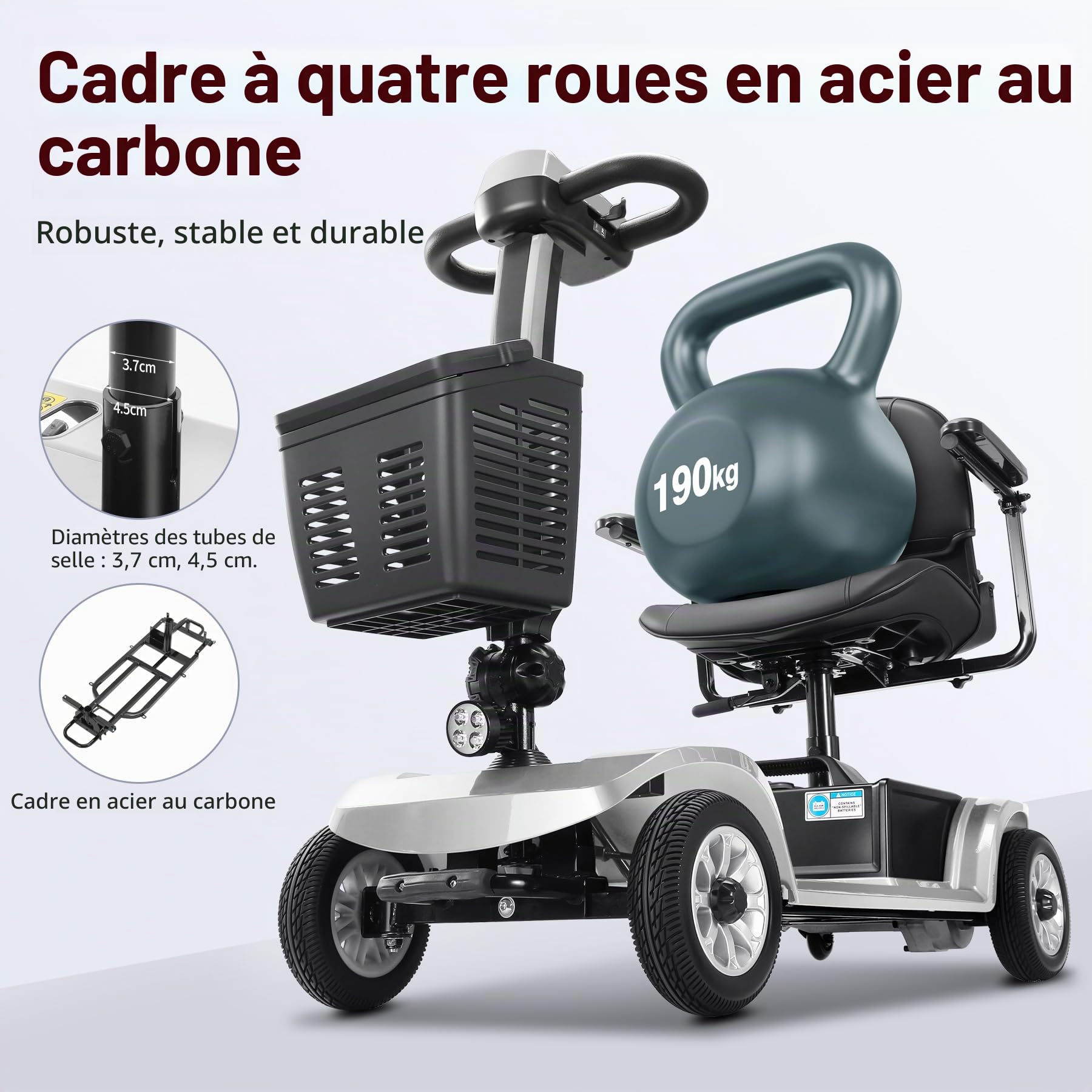 Scooter électrique pour seniors 22 km Scooter pliable à 4 roues avec panier Batterie légère Capacité de charge jusqu'à 190 kg Scooter électrique