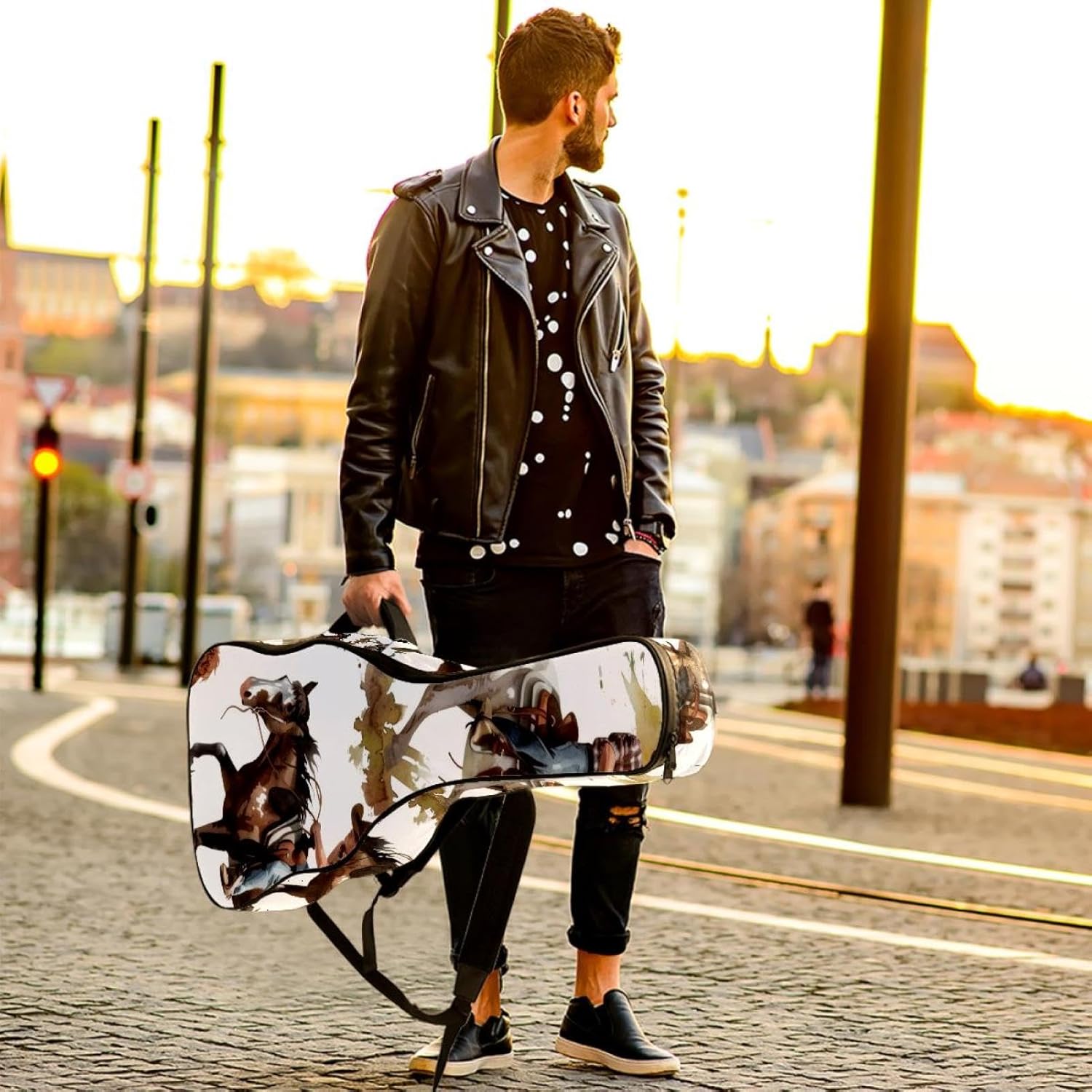 Acoustic Guitar Gig Bag 1 cm Thick Padding, Waterproof Electric Guitar Bag 40-42 Inch Guitar Case Backpack with Dual Shoulder Strap, American Cowboy and Cows Seamless Pattern