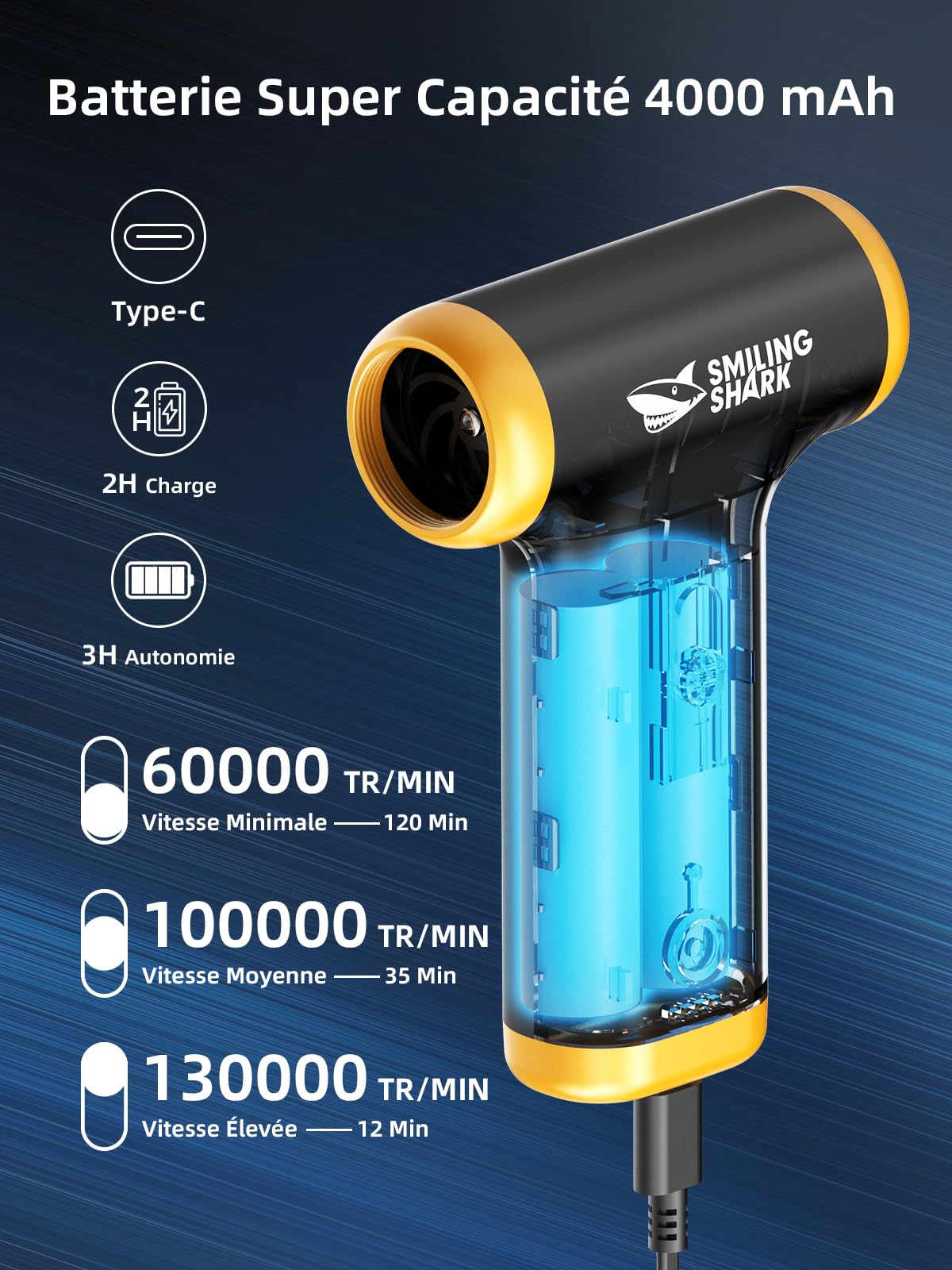 Smiling Shark Souffleur Air Comprimé, JF-01 PRO Vitesse Variable 130000TR/Min Dépoussiérant Puissants Électrique avec Lumières LED, Turbo Ventilateur Portable pour Cooling/PC/Clavier/Voiture