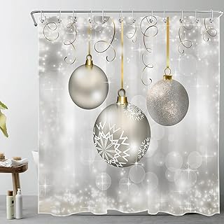 LB Christmas Shower Curtain Decor, Gold and Silver Xmas Ball New Year Winter Holiday Grey Shower Curtain for Bathroom 72x72 Inch Polyester Fabric Bathroom Decoration Bath Curtains Hooks Included