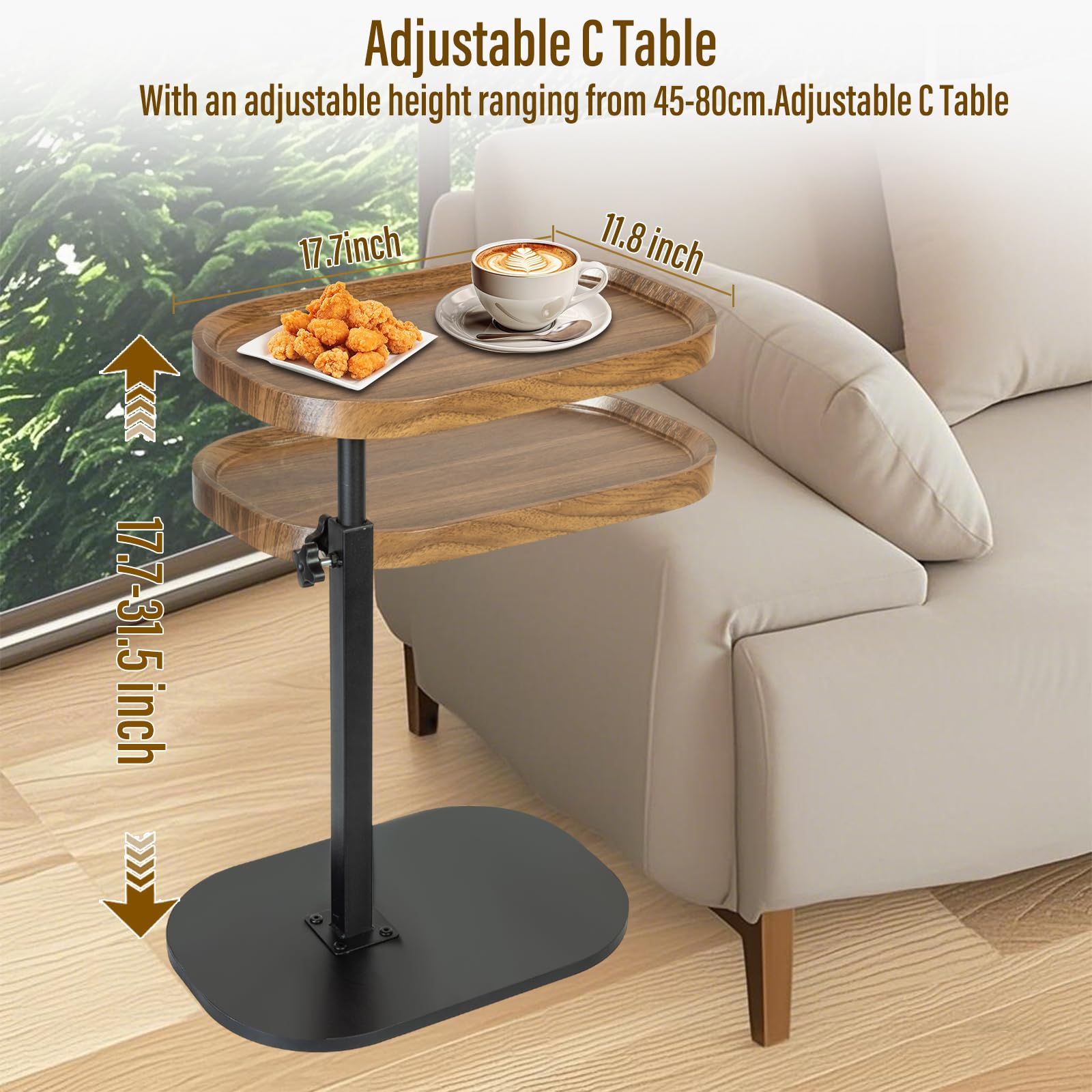 C-förmiger Beistelltisch, höhenverstellbar mit 360°-Drehgelenk, schmaler Holz-Beistelltisch für Wohnzimmer, Schlafzimmer, über Stuhltische für Snacks, Tee, Kaffee (Walnussfarben, 45 x 30 x 45 ~