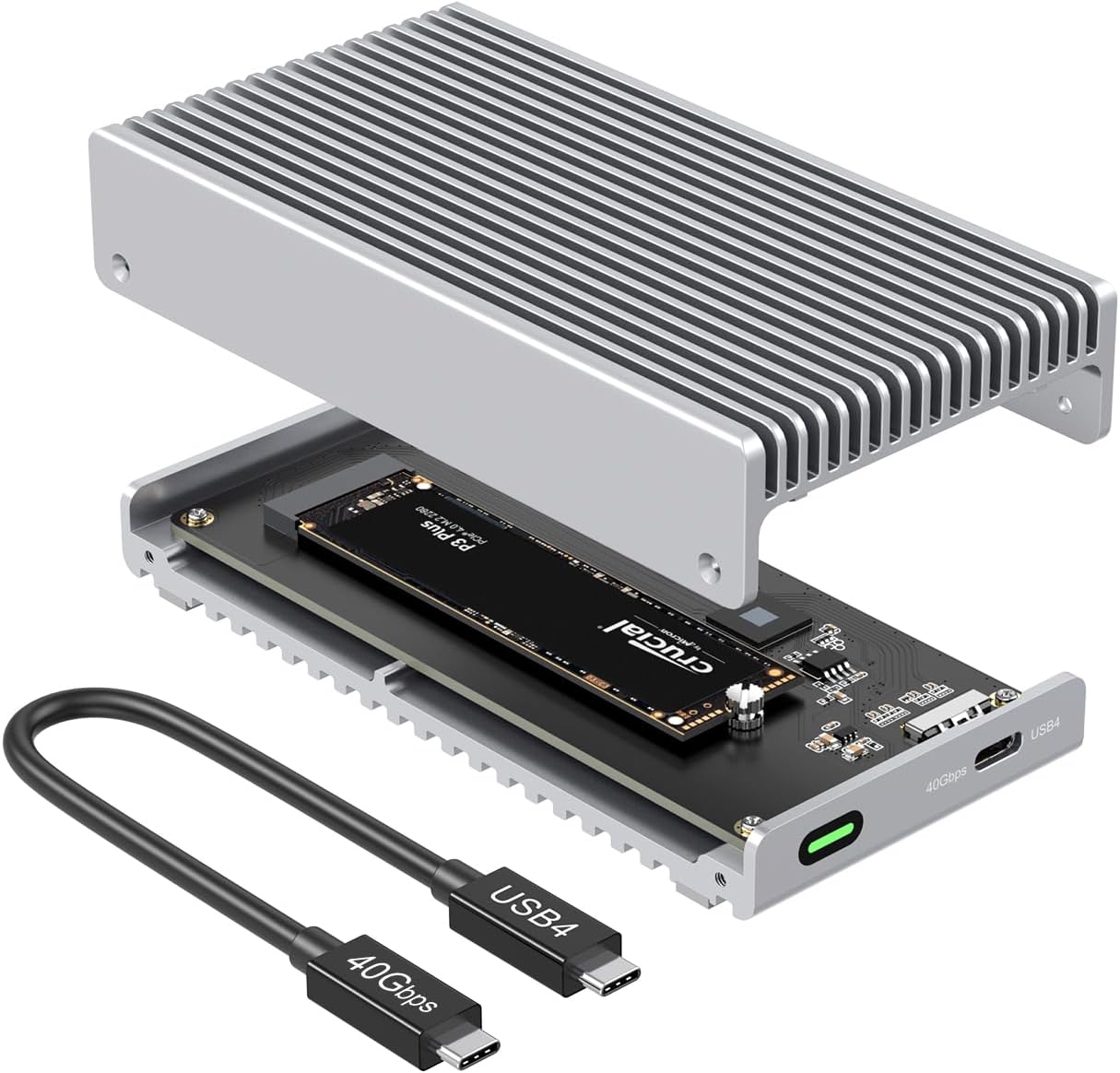 Qwiizlab Fanless 40Gbps USB4 Thunderbolt External SSD Enclosure with Aluminum Heat Sink Chasiss, Supports M.2 NVMe SSD up to 8TB, Silver (SSD Not Included)