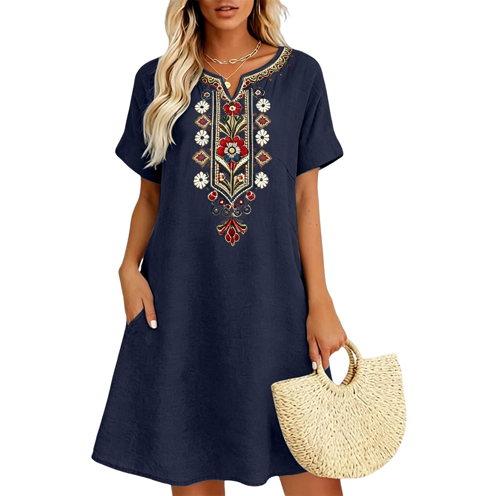 Vestiti Estivi Donna Cotone Lino Ricamo Floreale Abiti Boho Chic Dress Vestito da Mare Elegante Abiti Cerimonia Manica Corta Scollo a V al Ginocchio Vestito Donna Estivo Corto Casual