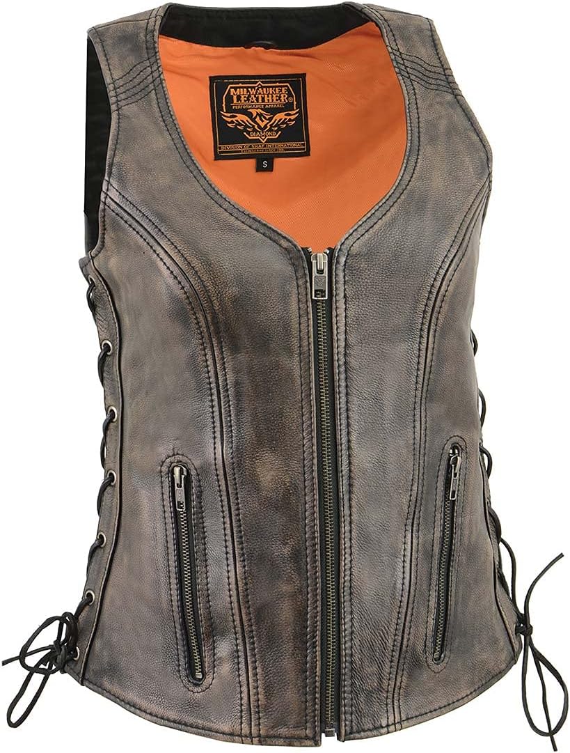 Milwaukee Leather Women's Distress Brown Leather V-Neck Motorcycle Rider Vest with Side Lace MLL4531