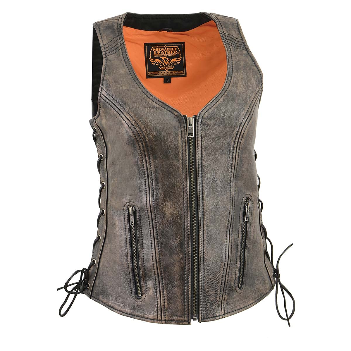 Milwaukee Leather Women's Distress Brown Leather V-Neck Motorcycle Rider Vest with Side Lace MLL4531 - X-Large