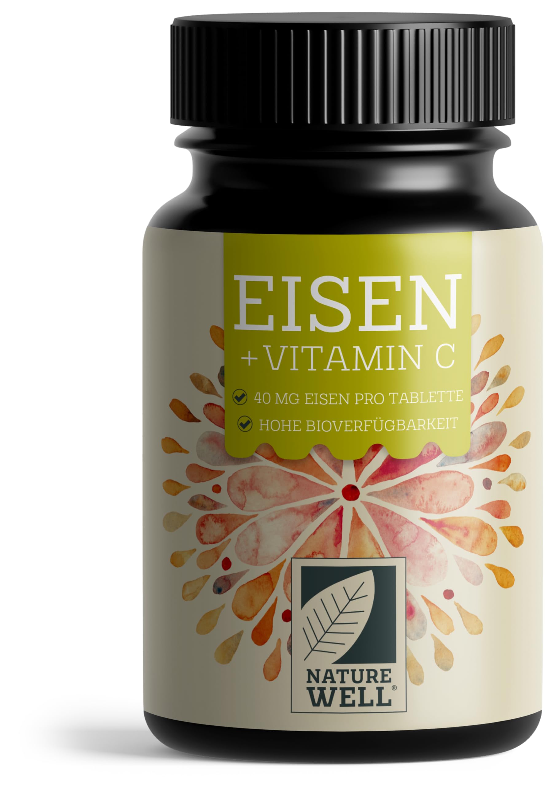 Eisentabletten 180x mit 40 mg Eisen + Vitamin C 40 mg aus Hagebutten - Eisentabletten VEGAN mit Eisenbisglycinat und natürlichem Vitamin C - laborgeprüft mit Zertifikat - Vorrat für 6 Monate 1x 180 Tabletten