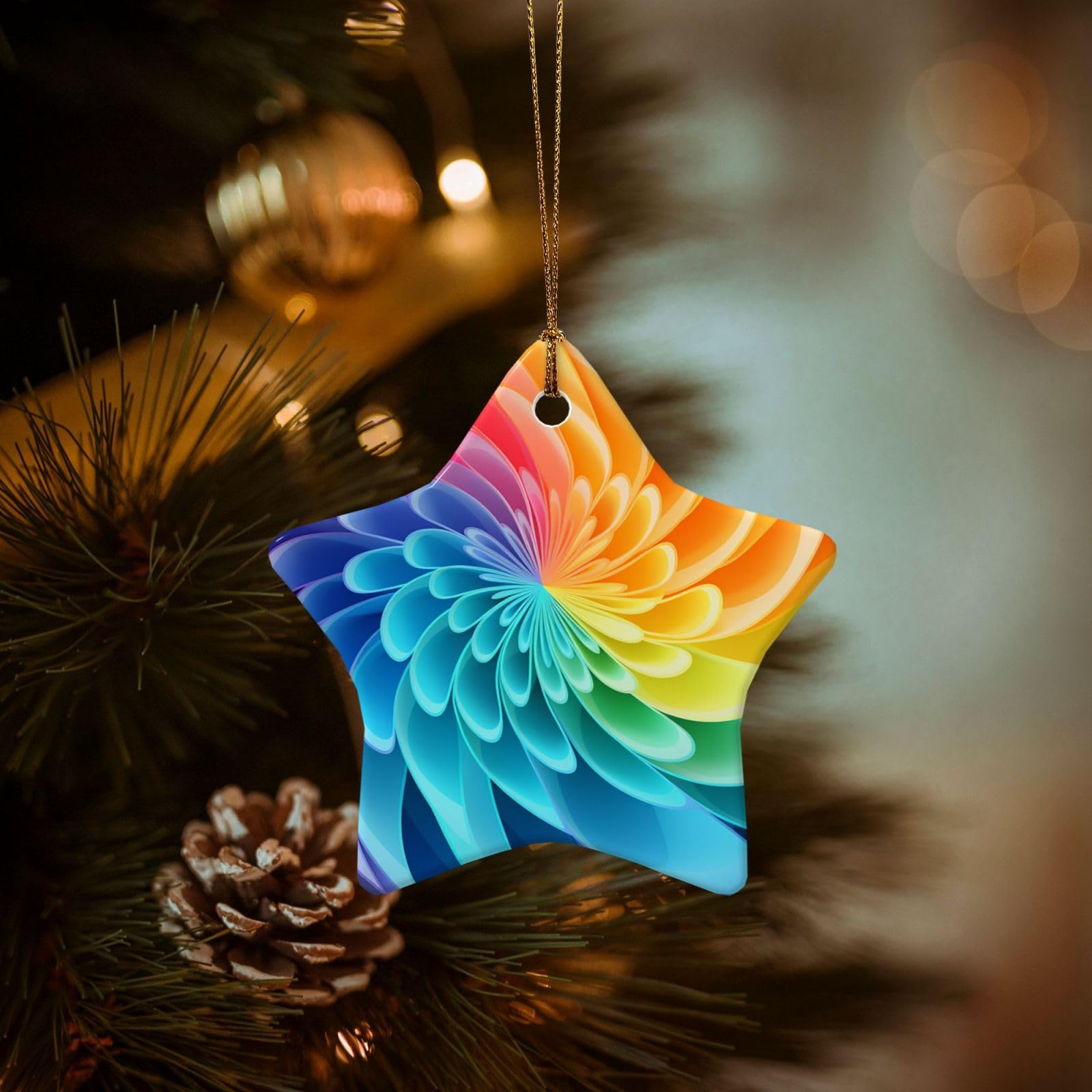 Christmas Ornaments for Christmas Tree Decoration Hanging Rainbow Dynamic Ornament with Gold Ribbon Crafts Star Shape Ceramic Pendant for Keepsake Gifts Xmas Decor Party Supplies