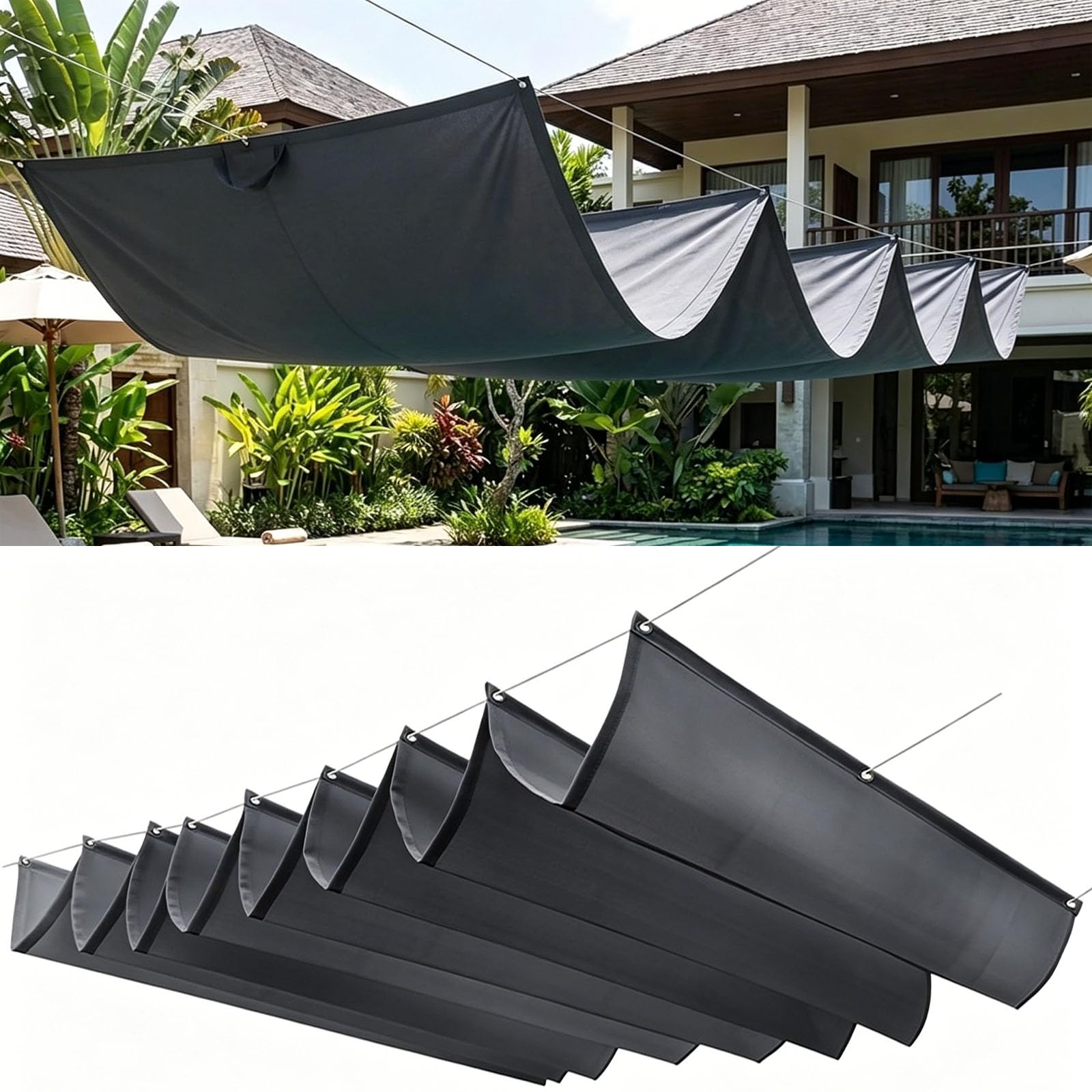 Voile ombrage rétractable vague pour des repas conviviaux au jardin