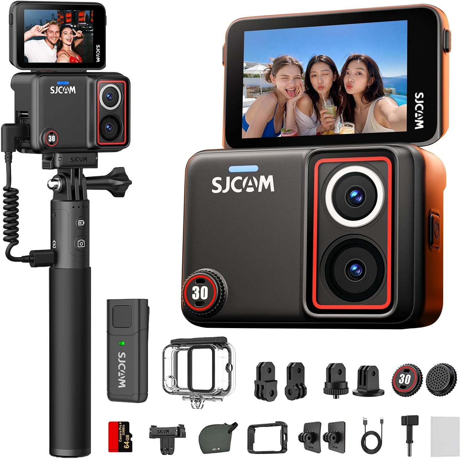 SJCAM SJ30 Cámara Deportiva con Visión Nocturna Doble Lente,Autonomía 7H | Action Camera 8K20/4K60, SteadyMotion 2.0, pantalla flip 2.51", 64GB y micrófono inalámbrico. Ideal para moto, MTB y buceo.
