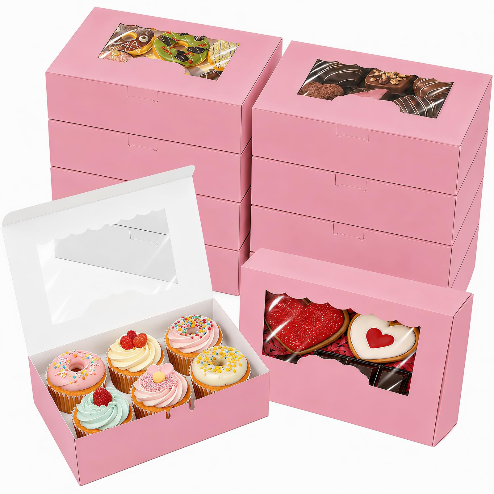50 PCS Pink Cookie Boxe 21.5 x 13.5 x 5 cm Cupcake Boxes with Windows, Bakery Cake Boxes, Pastry Macaron Bakery Box for Wedding Birthday Christmas Cupcakes Muffins Treats Bakery Boxes Gift Boxes