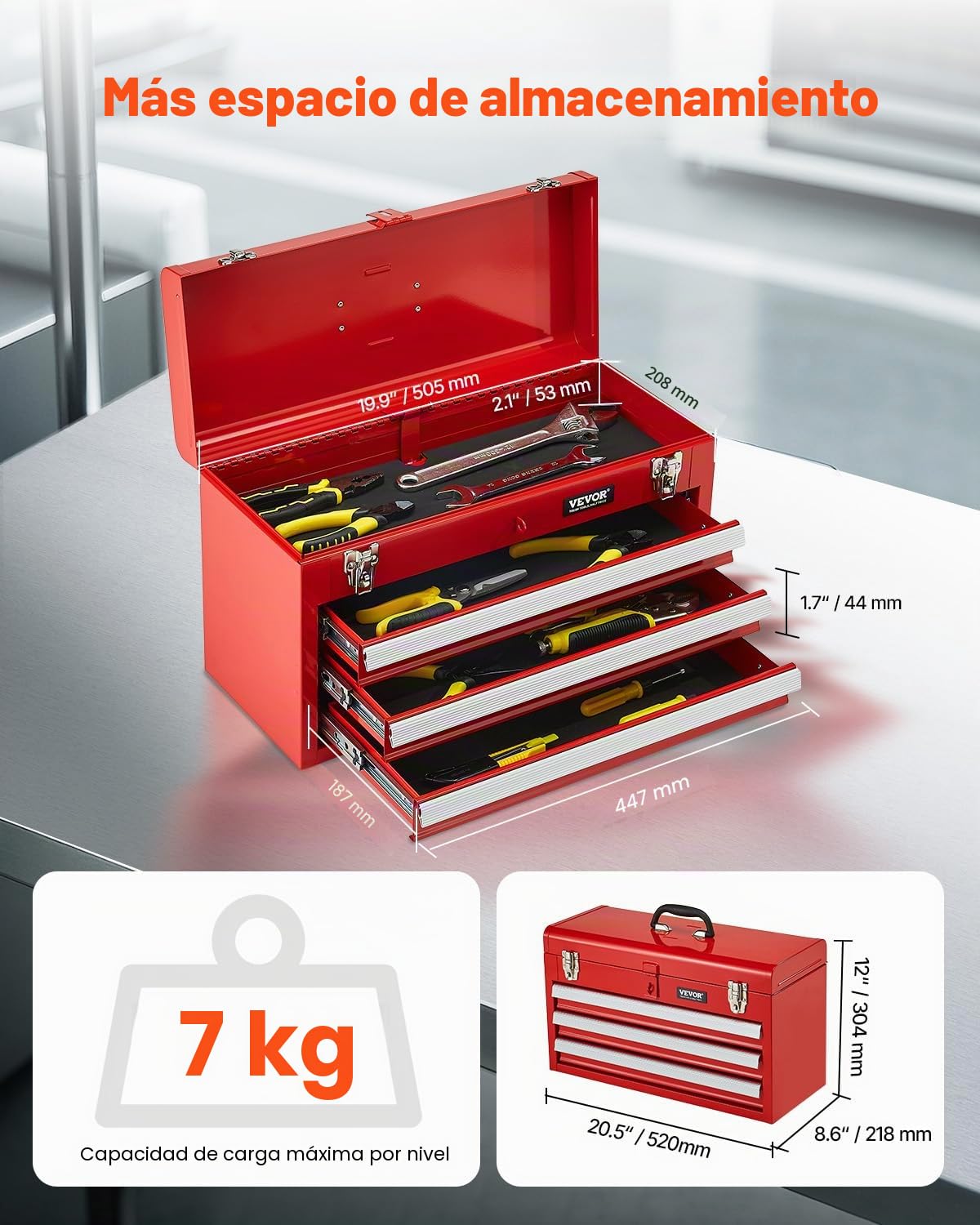 VEVOR Caja de Herramientas Portátil de Metal 520 x 218 x 304 mm, Cofre de Herramientas Pequeño con 3 Cajones y Revestimiento de EVA, Cajones Deslizantes con Cojinetes de Bolas con Cerradura, Rojo