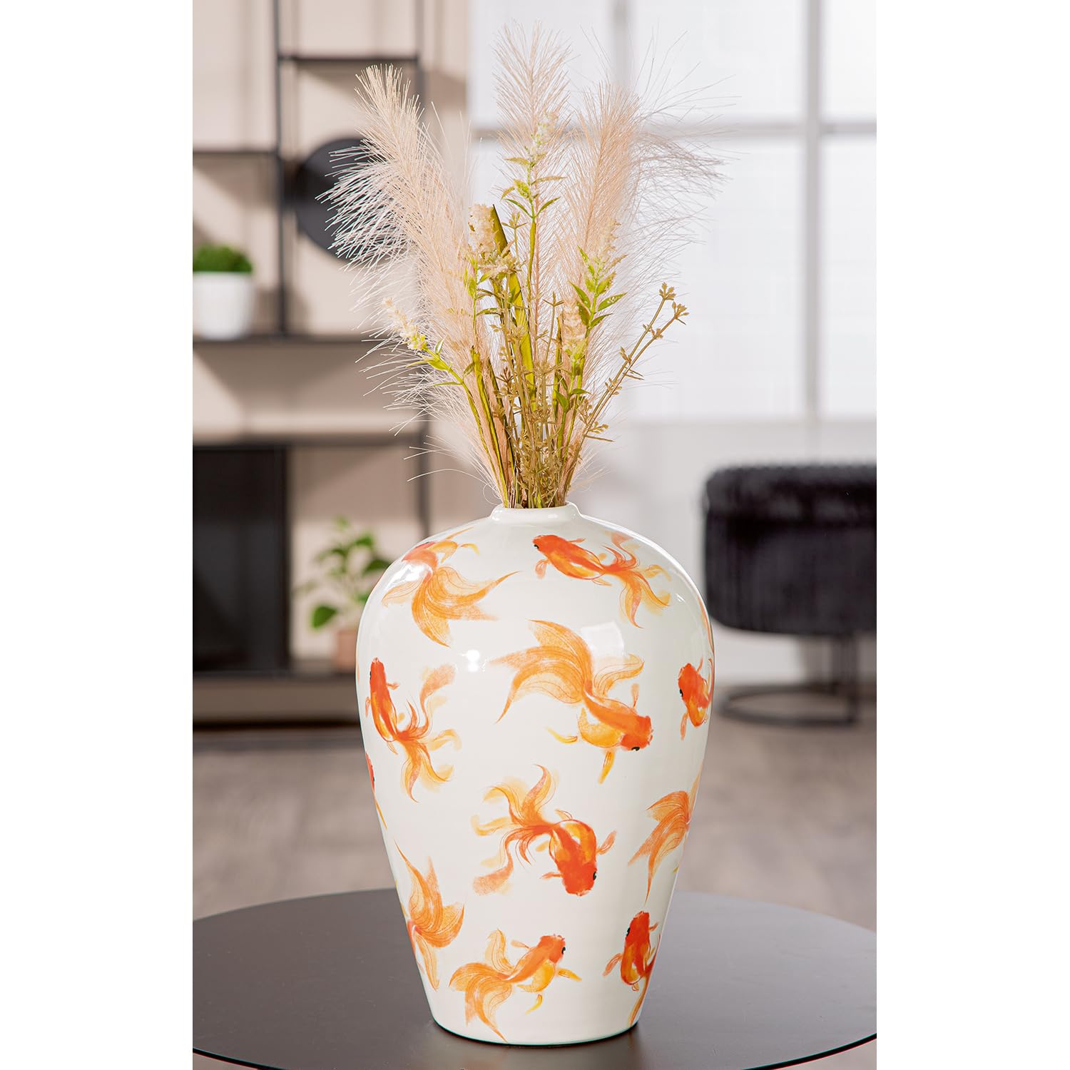 GILDE Vase Neon - Keramik - weiß - Höhe 30cm x Ø 20cm - Fischmotiv - bauchige Dekovase - wasserdicht