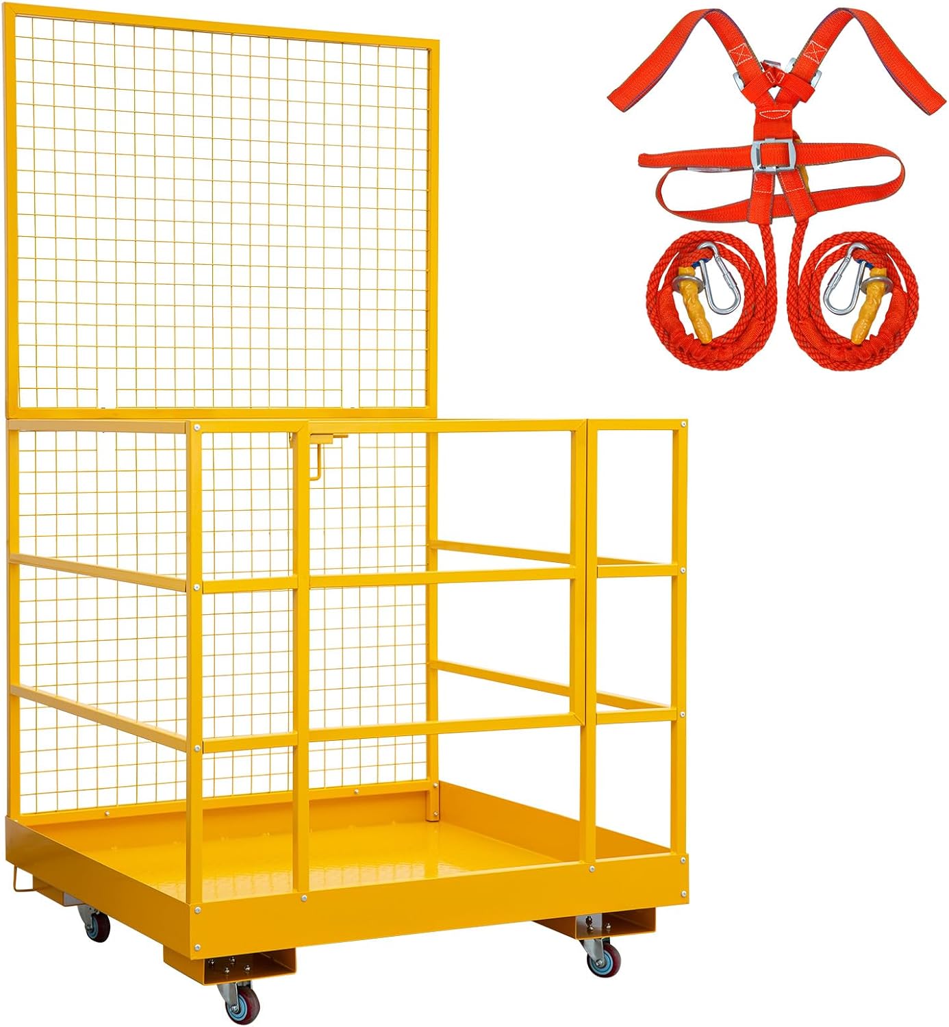 Foldable Forklift Safety Cage with Wheels – 43" x 45" Collapsible Aerial Work Platform, 1400 lbs Capacity, Includes Safety Harness & Lock for Loader Lifting, Heavy-Duty Mobile Lift Basket