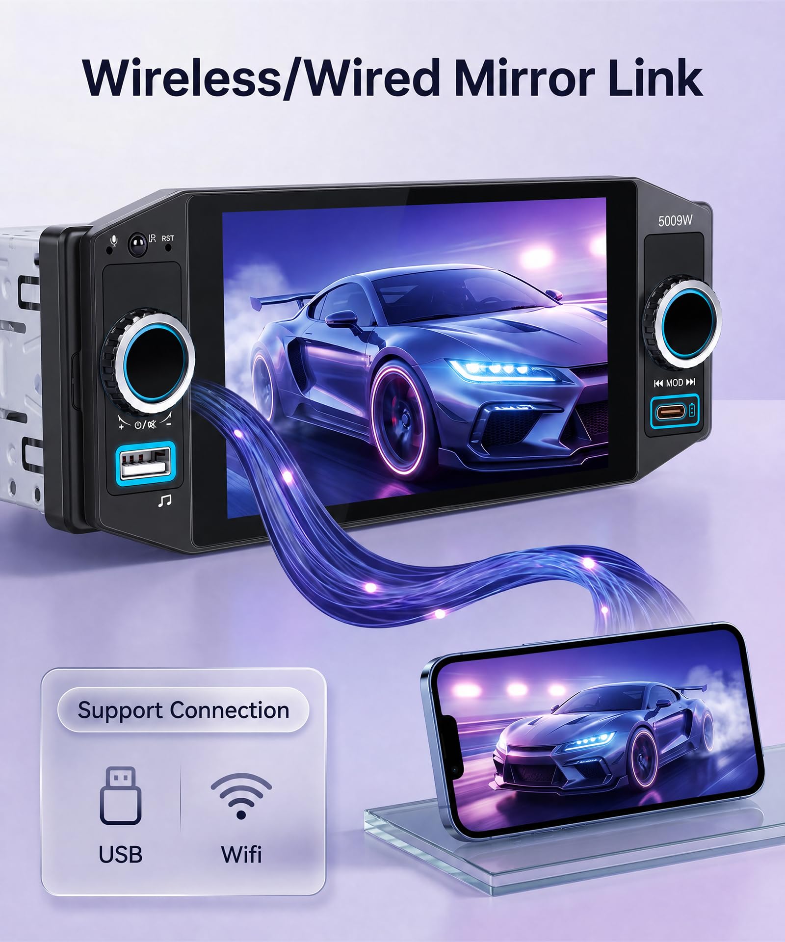 Rimoody Radio de Coche 1 DIN con Inalámbrico Carplay Android Auto Bluetooth 5.2 FM/Am/RDS, 5 Pulgadas Touchscreen Radio Coche iOS/Android Mirror Link EQ/USB/Tipo C Comandos al Volante Cámara Trasera
