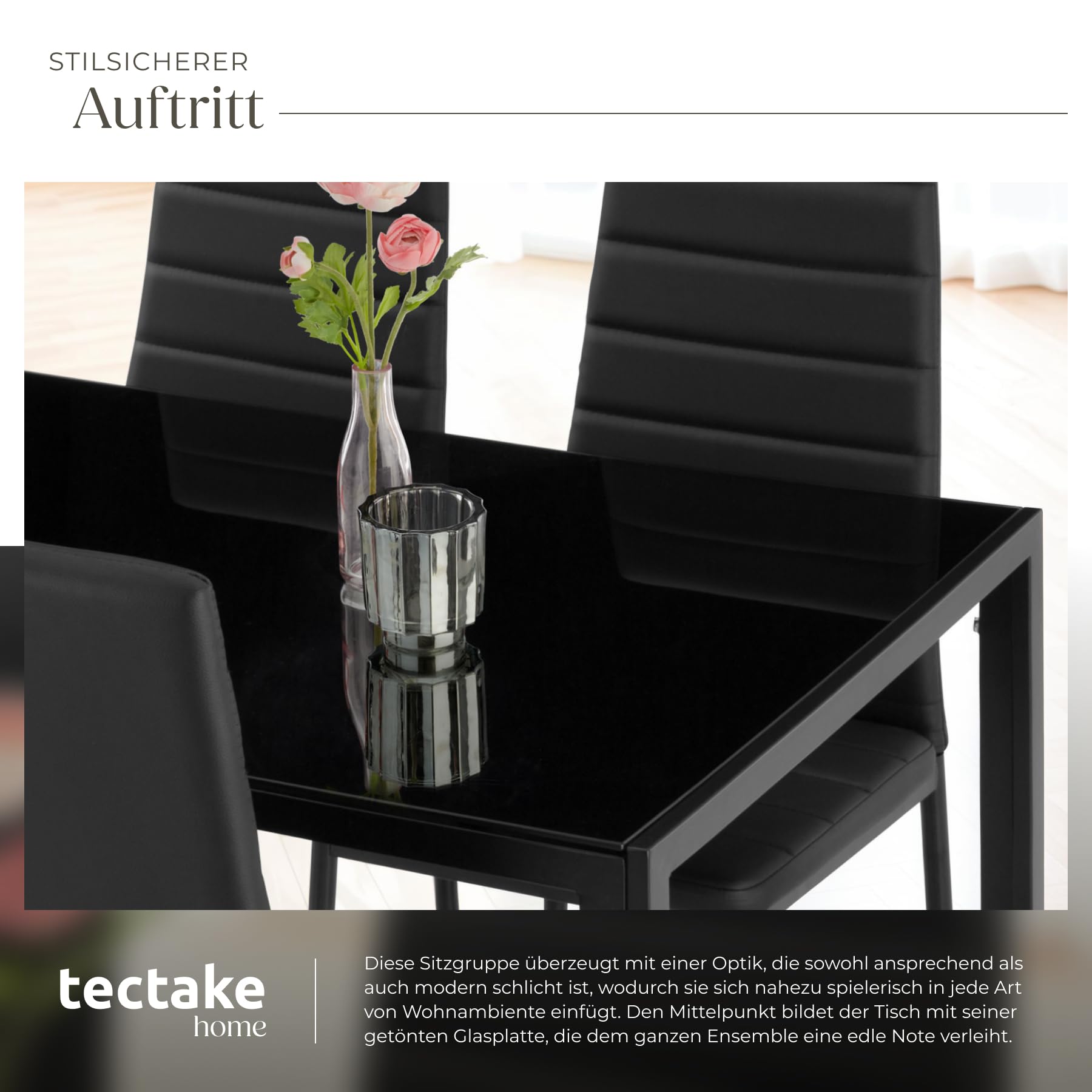 tectake Essgruppe Set Tisch und Stühle, Esstisch und 4X Stuhl, strapazierfähiges Kunstleder, Tischplatte aus Sicherheitsglas, Küchenstühle modern, Küche - schwarz