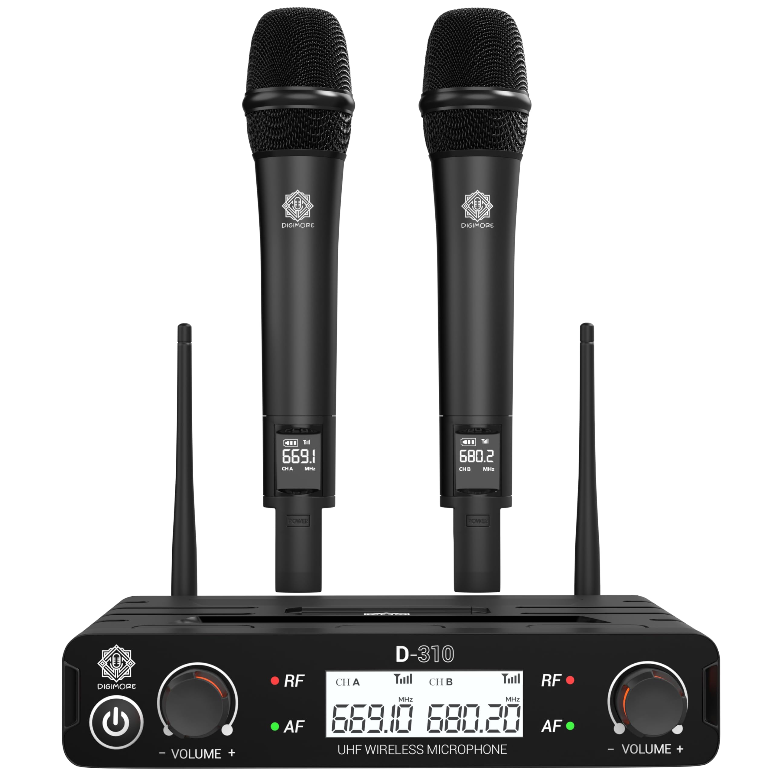 DIGIMORE Dual Wireless Microphone System | 324ft Range | Metal Body | Cardioid Pickup | XLR Bal + 6.35mm UnBal Outs | for Singing, Live Events, Church, DJ & Karaoke (D-310 Pro)