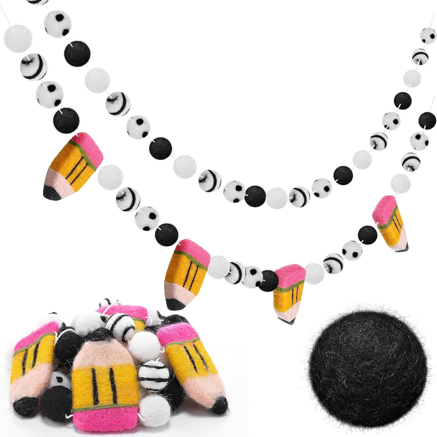 2 Pcs 13.2 ft Felt Pencil Banner for School Classroom 3D Pencil Garland Colorful Pompom Ball Hanging Banner Welcome Back Garland for Classroom First Day of School Decorations(Classic)