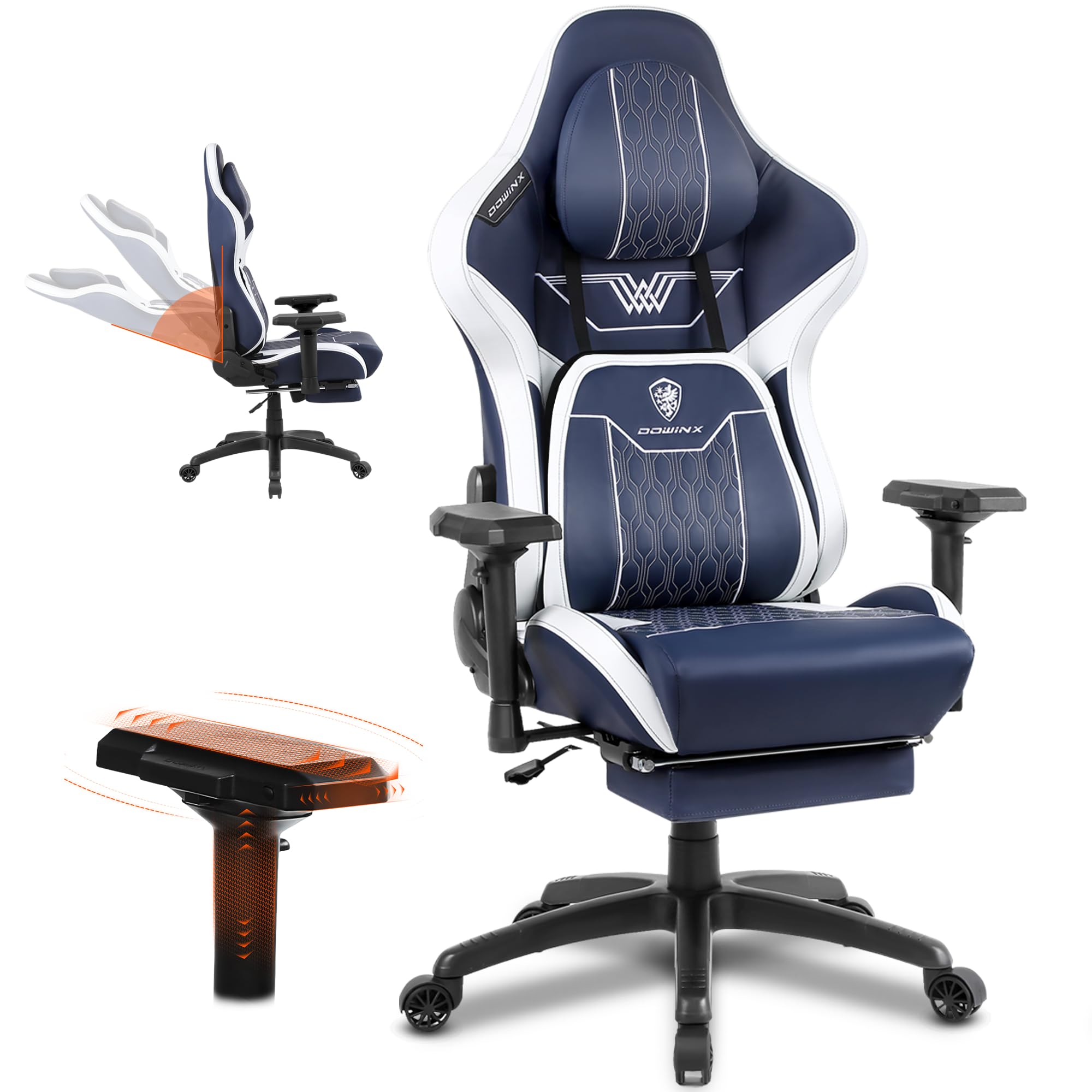 Dowinx Big and Tall Gaming Chair with Footrest, High Back Ergonomic Office Chair with Comfortable Headrest and Lumbar Support, 4D Armrests Computer Chair for Adults, Pu Leather, Blue
