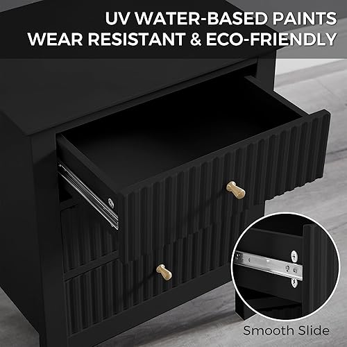 Miniatura 6 de OCANDO Mesita de noche negra acanalada de 19 pulgadas, 3 cajones, mesa auxiliar de cama para sala de estar pequeña, armario de almacenamiento Negro